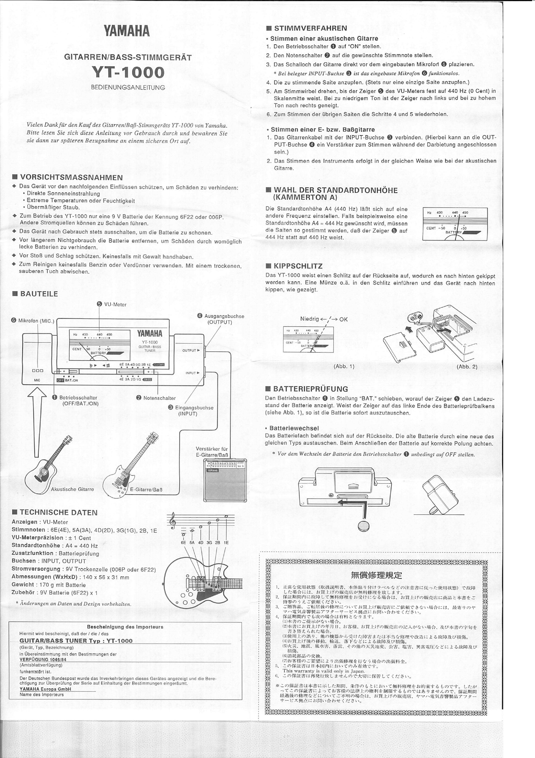 Page 4 of 4 - Yamaha  YT-1000 Owner's Manual Yt1000 De