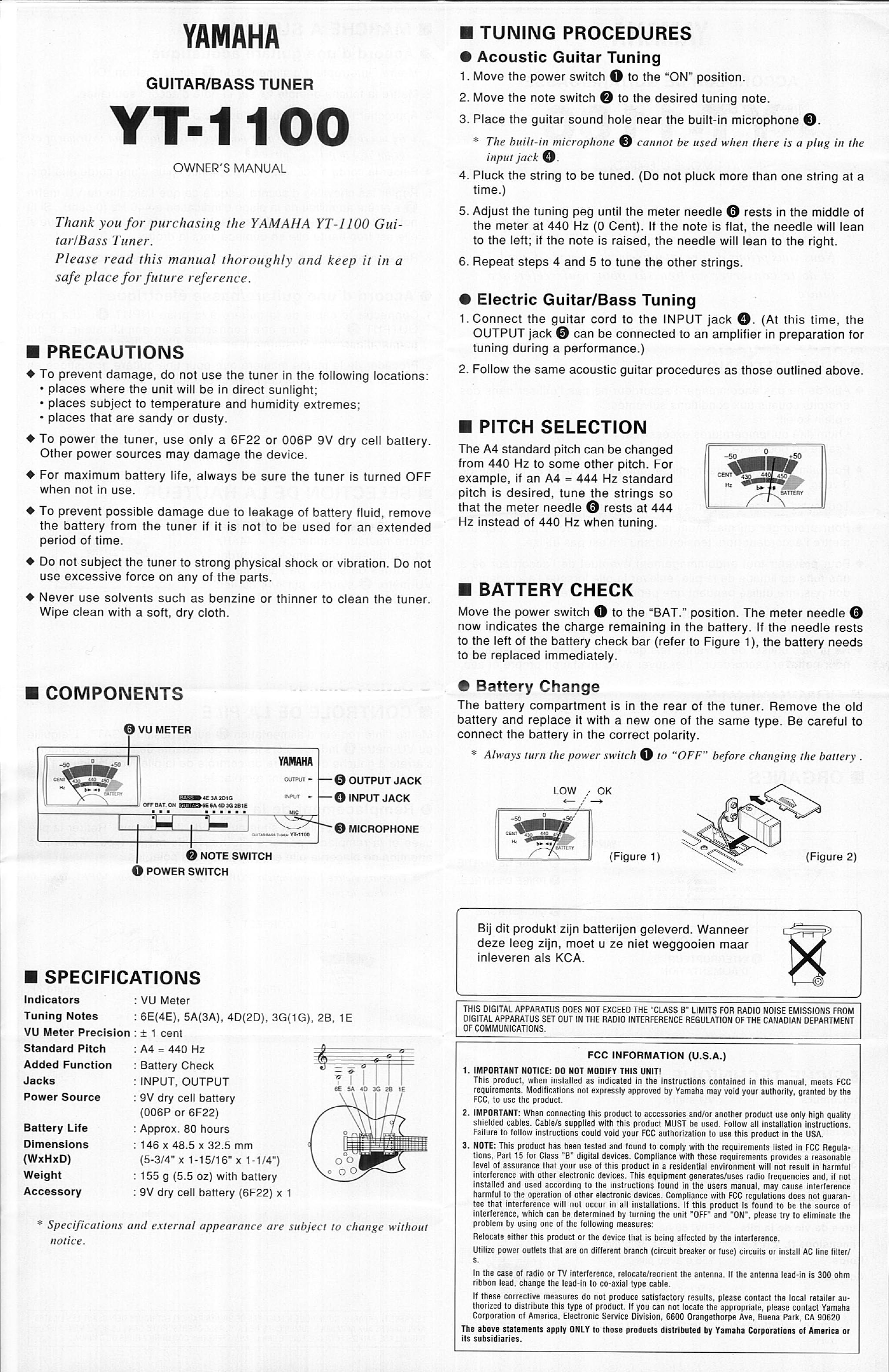 Page 2 of 4 - Yamaha  YT-1100 Owner's Manual Yt1100 En