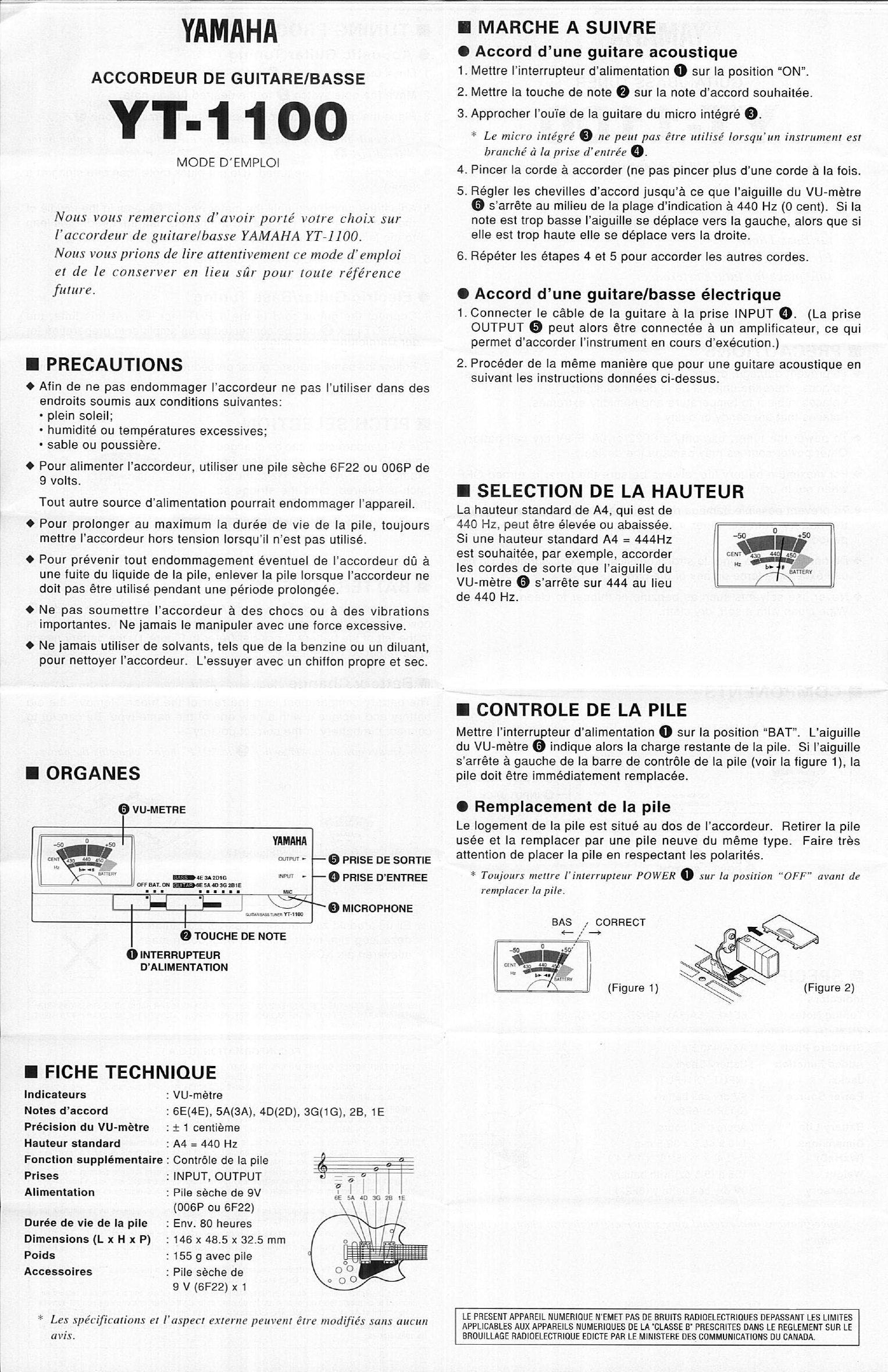 Page 3 of 4 - Yamaha  YT-1100 Owner's Manual Yt1100 En