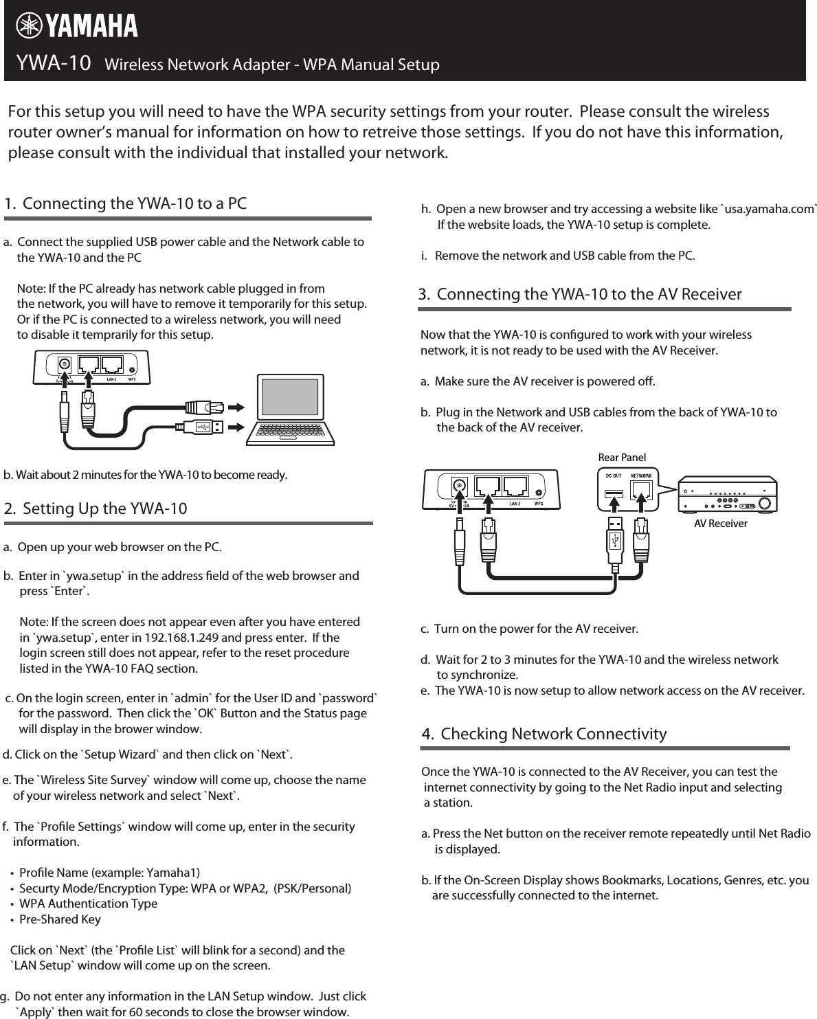 Page 1 of 1 - Yamaha YWA-10_QSG YWA-10 Wireless Network Adapter WPA Manual Setup Guide