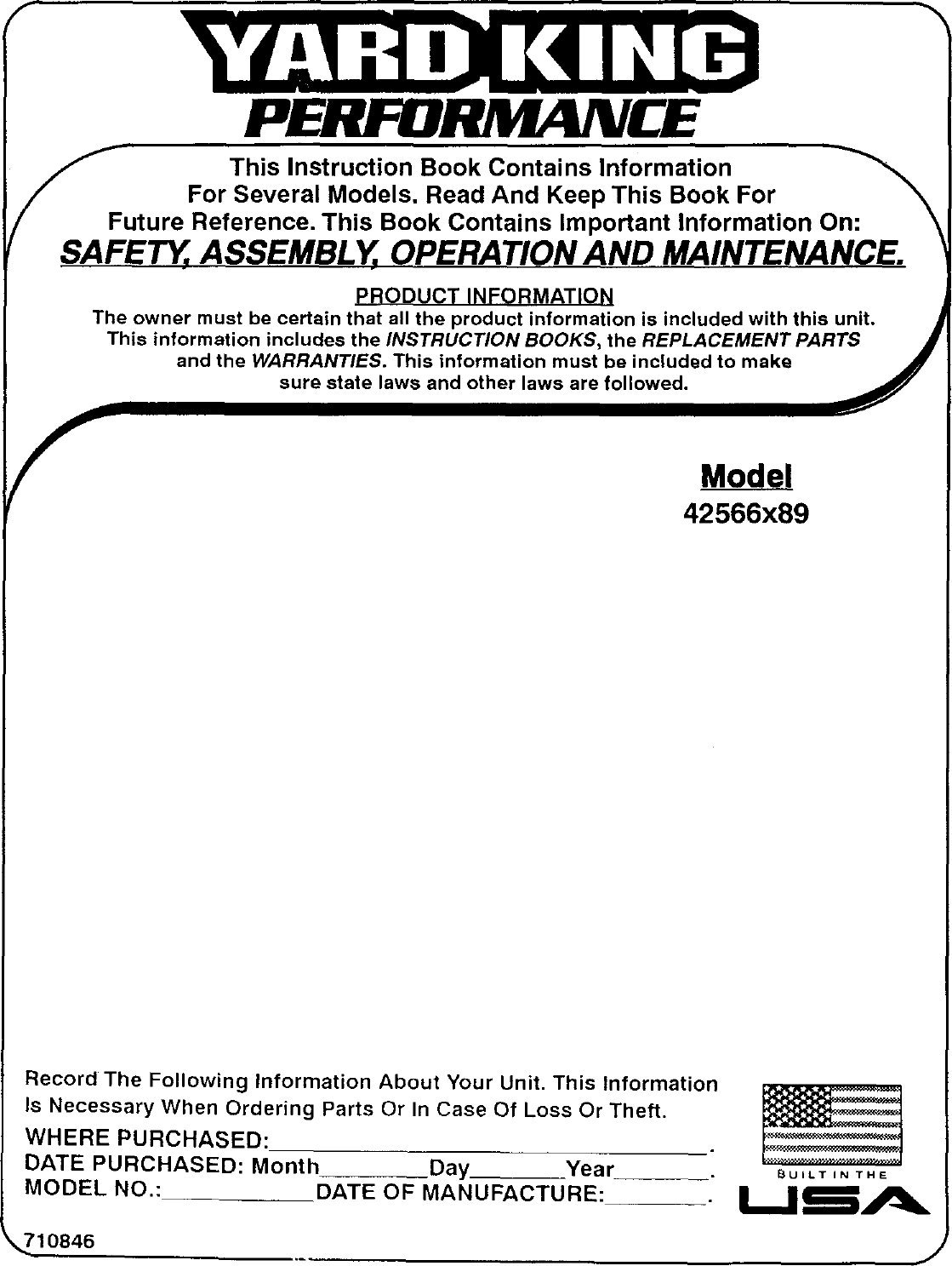 Yard King 42566X89 User Manual LAWN TRACTOR Manuals And Guides L0403133