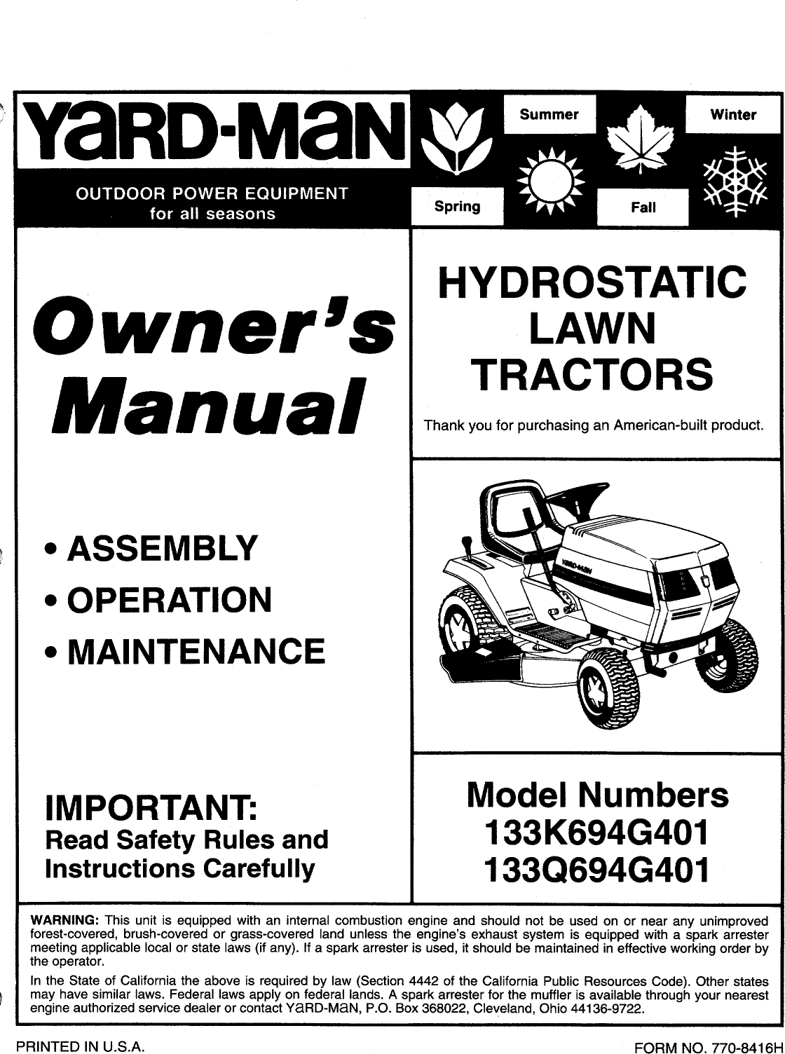 Yard-Man Tractor Operators Manual Model # 136A694F401 