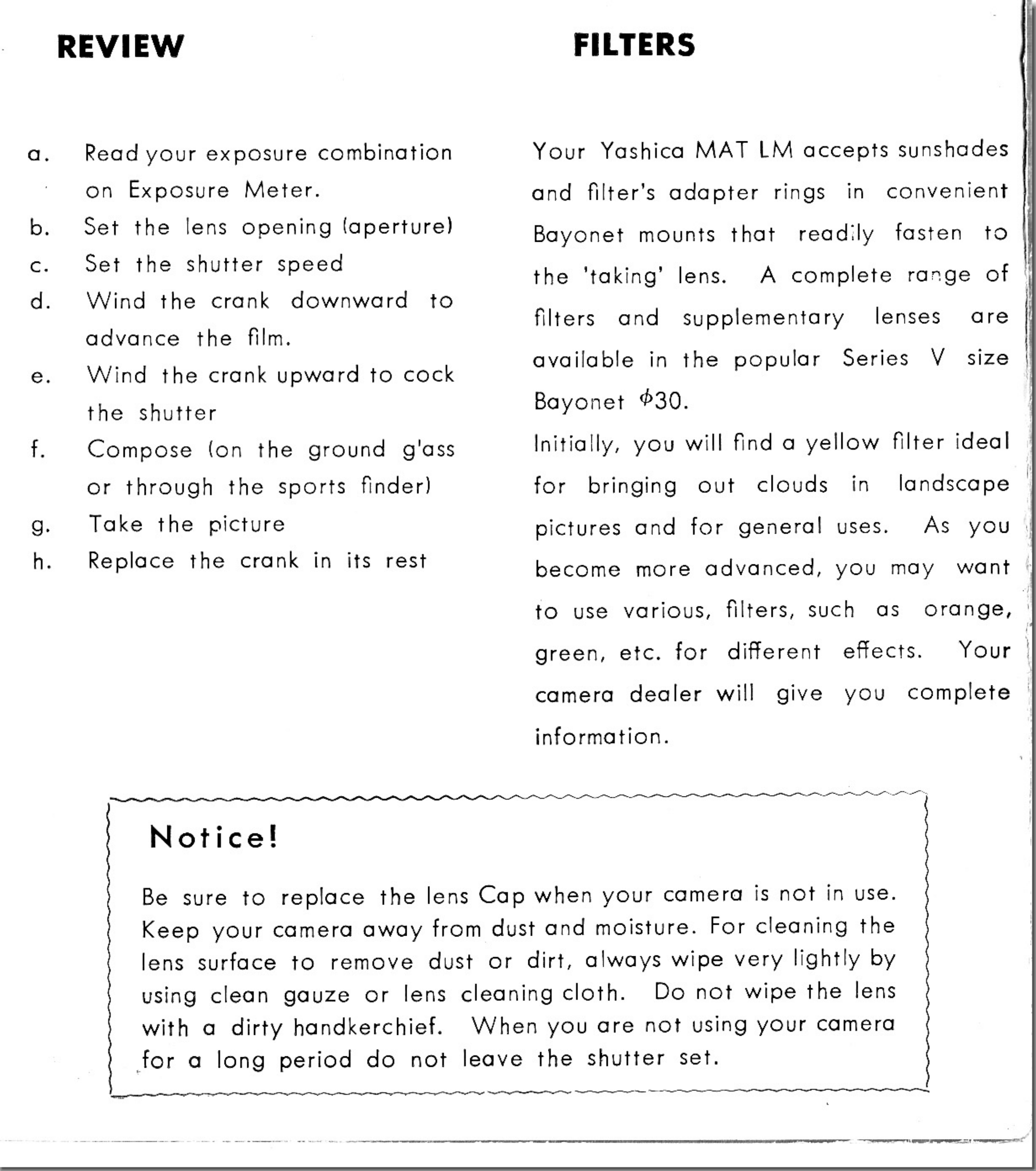 Yashica Mat Lm Instruction Booklet