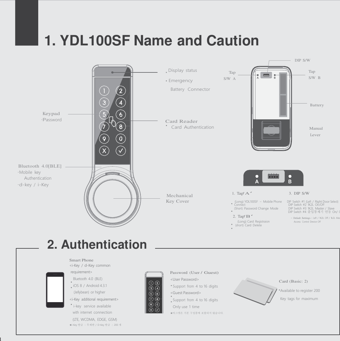 S/W  B S/W  A Emergency Manual      1. YDL100SF Name and Caution  DIP S/W  Display status  Tap  Tap   Battery  Connector   Battery  Keypad &middot;Password Card Reader Card Authentication Lever     Bluetooth  4.0[BLE] &middot;Mobile  key   1  2 3 4 Authentication &middot;d-key  / i-Key  Mechanical 1.  Tap&lsquo;A&rsquo; 3.  DIP S/W Key Cover    (Long) YDL100SF - Mobile Phone      DIP Switch #1 (Left /  Right Door Select) Connect DIP Switch #2 1K2L On/Off (Short) Password Change  Mode DIP Switch #3 1K2L  Master /  Slave DIP Switch #4 출입통제기 연동 On/ Off 2.  Tap&lsquo;B&rsquo; - Default Settings : Left / 1K2L Off / 1k2L Master/ (Long) Card Registraion Access  Control Device Off (short) Card  Delete   2. Authentication     Card (Basic: 2)         1  Smart Phone <i-Key  / d-Key common requirement> Password  (User / Guest) Bluetooth 4.0  (BLE)  <User Password> iOS 8 / Android 4.3.1  Support  from 4  to 16 digits (Jellybean) or higher  <Guest Password> Available to register 200 <i-Key additional requirement> Support  from 4  to 16 digits  Key  tags for maximum i-key  service  available  Only use  1  time with  internet connection  ★마그넷은 기본 구성품에 포함되지 않습니다. (LTE, WCDMA,  EDGE, GSM) ★i-Key 발급  : 무제한  /  D-Key 발급  : 200 개                                                    