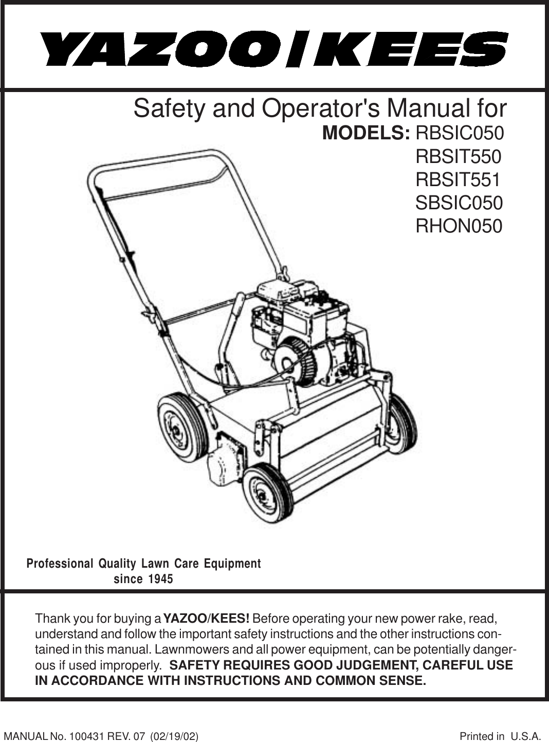 Page 1 of 11 - Yazoo-Kees Kees-Sbsic050-Rhon050-Users-Manual OM, Comber/Rake, 2002-02, RBSIC050, RBSIT550, RBSIT551, SBSIC050, RHON050 (Turf Care)  Yazoo-kees-sbsic050-rhon050-users-manual