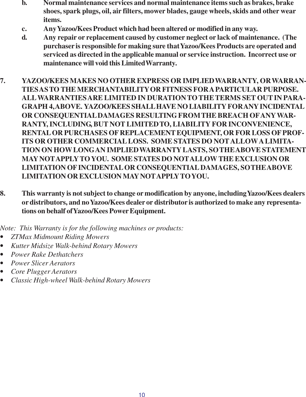 Page 10 of 11 - Yazoo-Kees Kees-Sbsic050-Rhon050-Users-Manual OM, Comber/Rake, 2002-02, RBSIC050, RBSIT550, RBSIT551, SBSIC050, RHON050 (Turf Care)  Yazoo-kees-sbsic050-rhon050-users-manual