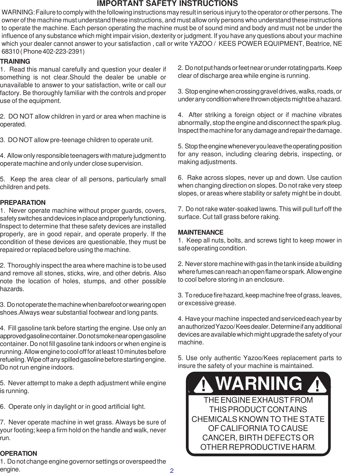 Page 2 of 11 - Yazoo-Kees Kees-Sbsic050-Rhon050-Users-Manual OM, Comber/Rake, 2002-02, RBSIC050, RBSIT550, RBSIT551, SBSIC050, RHON050 (Turf Care)  Yazoo-kees-sbsic050-rhon050-users-manual