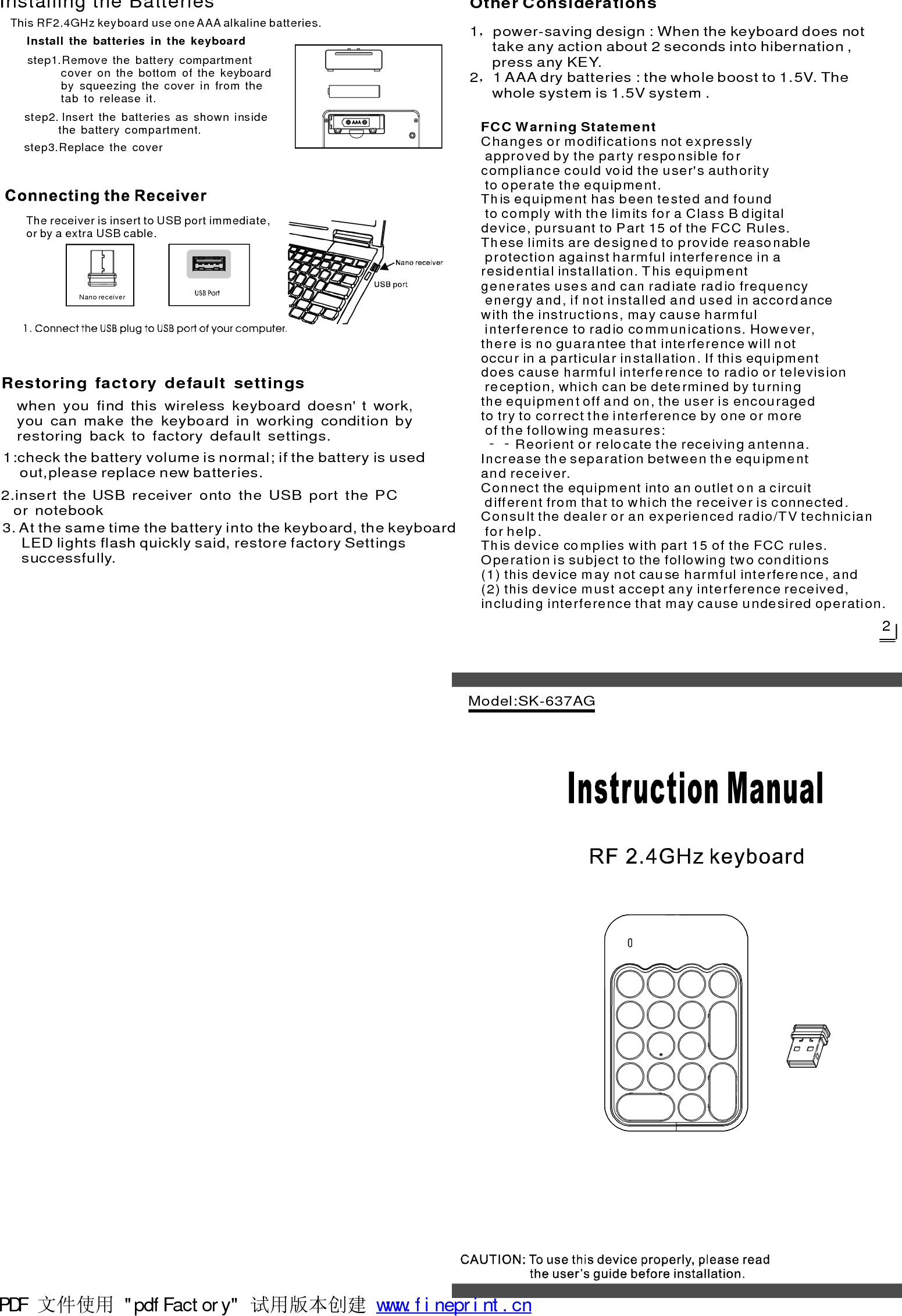 Yehs Innovations X990 2.4G Wireless Numeric Keypad User Manual SK 637AG