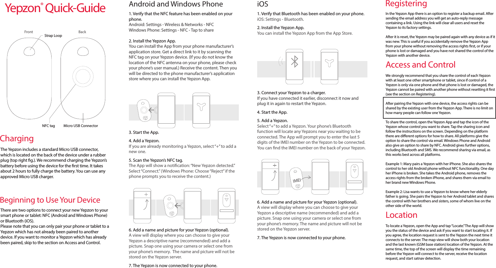 IMEIThe Yepzon includes a standard Micro USB connector, which is located on the back of the device under a rubber plug (top right g.). We recommend charging the Yepzon&rsquo;s battery before using the device for the rst time. It takes about 2 hours to fully charge the battery. You can use any approved Micro USB charger.Beginning to Use Your DeviceAndroid and Windows PhoneThere are two options to connect your new Yepzon to your smart phone or tablet: NFC (Android and Windows Phone) or Bluetooth (iOS).Please note that you can only pair your phone or tablet to a Yepzon which has not already been paired to another device. If you want to monitor a Yepzon which has already been paired, skip to the section on Access and Control.1. Verify that the NFC feature has been enabled on your phone.Android: Settings - Wireless &amp; Networks - NFCWindows Phone: Settings - NFC - Tap to share2. Install the Yepzon App.You can install the App from your phone manufacturer&rsquo;s application store. Get a direct link to it by scanning the NFC tag on your Yepzon device. (If you do not know the location of the NFC antenna on your phone, please check your phone&rsquo;s user manual.) Receive the content. Then you will be directed to the phone manufacturer&rsquo;s application store where you can install the Yepzon App.3. Start the App. 4. Add a Yepzon.If you are already monitoring a Yepzon, select &ldquo;+&rdquo; to add a new one.5. Scan the Yepzon&rsquo;s NFC tag.The App will show a notication: &ldquo;New Yepzon detected.&rdquo; Select &ldquo;Connect.&rdquo; (Windows Phone: Choose &ldquo;Reject&rdquo; if the phone prompts you to receive the content.)6. Add a name and picture for your Yepzon (optional).A view will display where you can choose to give your Yepzon a descriptive name (recommended) and add a picture. Snap one using your camera or select one from your phone&rsquo;s memory.  The name and picture will not be stored on the Yepzon server.7. The Yepzon is now connected to your phone.In the Yepzon App there is an option to register a backup email. After sending the email address you will get an auto-reply message containing a link. Using the link will clear all users and reset the Yepzon to its factory settings. After it is reset, the Yepzon may be paired again with any device as if it was new. This is useful if you accidentally remove the Yepzon App from your phone without removing the access rights rst, or if your phone is lost or damaged and you have not shared the control of the Yepzon with another device.Access and ControlWe strongly recommend that you share the control of each Yepzon with at least one other smartphone or tablet, since if control of a Yepzon is only via one phone and that phone is lost or damaged, the Yepzon cannot be paired with another phone without resetting it rst (see the section on Registering).After pairing the Yepzon with one device, the access rights can be shared by the existing user from the Yepzon App. There is no limit on how many people can follow one Yepzon.To share the control, open the Yepzon App and tap the icon of the Yepzon whose control you want to share. Tap the sharing icon and follow the instructions on the screen. Depending on the platform there are dierent options for how to share. All platforms give the option to share the control via email. Windows Phone and Android also give an option to share by NFC. Android gives further options, including Bluetooth and SMS. We recommend sharing via email, as this works best across all platforms. Example 1: Mary pairs a Yepzon with her iPhone. She also shares the control to her old Android phone without NFC functionality. One day her iPhone is broken. She takes the Android phone, removes the access rights from the broken iPhone, and shares them via email to her brand new Windows Phone.Example 2: Lisa wants to use a Yepzon to know where her elderly father is going. She pairs the Yepzon to her Android tablet and shares the control with her brothers and sisters, some of whom live on the other side of the world.LocationTo locate a Yepzon, open the App and tap &ldquo;Locate.&rdquo; The App will show you the status of the device and ask if you want to start locating it. If you agree, the location request is sent to the Yepzon the next time it connects to the server. The map view will show both your location and the last known (GSM base station) location of the Yepzon. At the same time, the top of the screen will display the time remaining before the Yepzon will connect to the server, receive the location request, and start satnav detection.iOSHistoryThis view lets you check the Yepzon&rsquo;s previous modes and location data.Recommended UseWe recommend sharing control of each Yepzon with at least one other user. This way, the device can still be controlled even if the primary controlling device has been lost or damaged.If you want to remove the Yepzon App from your phone, you should rst remove every instance of Yepzon control.When the Yepzon App is updated, details of the controlled Yepzons will be maintained.Yepzon utilizes cellular network data connections. When you purchase a Yepzon, a certain amount of data transfer, typically 30MB, is included in the purchase price. (The amount can vary by retailer.) The App will inform you when the data is about to end. When Yepzon has run out of data, you can buy more via the App. With Yepzon&rsquo;s default settings and an average usage of 8 hours per day and one locating request per day, the data consumption would be about 5MB/month.Check Yepzon&rsquo;s functionality in your country of residence and the countries to which you plan to travel at www.yepzon.com.Yepzon utilizes cellular networks. With any device, the functionality of the networks may vary depending on availability, trac, or environmental factors.The accuracy and scope of the location data may vary due to factors such as location, environment, and third party activities, and may sometimes be limited. For example, accurate location data may not be received underground or inside buildings.You can read more on recommended use at www.yepzon.com.SafetyYepzon is not a substitute for parental supervision. Always adhere to local laws and regulations.Switch o the Yepzon in places where the use of cellular phones is not permitted or where it can create interference, for example on board airplanes, in the vicinity of medical equipment, and at blasting sites.All wireless devices are sensitive to interference, which can impair the functionality of the device.In principle Yepzon is waterproof, as long as the rubber plug covering 1. Verify that Bluetooth has been enabled on your phone.iOS: Settings - Bluetooth.2. Install the Yepzon App.You can install the Yepzon App from the App Store.3. Connect your Yepzon to a charger.If you have connected it earlier, disconnect it now and plug it in again to restart the Yepzon.4. Start the App.5. Add a Yepzon.Select &ldquo;+&rdquo; to add a Yepzon. Your phone&rsquo;s Bluetooth function will locate any Yepzons near you waiting to be connected. The App will prompt you to enter the last 5 digits of the IMEI number on the Yepzon to be connected. You can nd the IMEI number on the back of your Yepzon. 6. Add a name and picture for your Yepzon (optional).A view will display where you can choose to give your Yepzon a descriptive name (recommended) and add a picture. Snap one using your camera or select one from your phone&rsquo;s memory. The name and picture will not be stored on the Yepzon server.7. The Yepzon is now connected to your phone.RegisteringYepzon uses a network of GSM base stations and GPS satnav to determine its location. If the device is indoors, or if the GPS signal is not strong enough, the GPS location data may not be received. In this case, an accurate location cannot be determined via GPS.However, the location request will also activate the Yepzon&rsquo;s Bluetooth transmitter. If the Yepzon is within the range of a Bluetooth signal (<50m), the phone (only Android and iOS) will inform you of this and show a rough distance to the Yepzon.  Note that buildings and other obstacles can drastically reduce the range of the Bluetooth signal.The location data is refreshed on the map for three minutes. If you want to continue the tracking, you can start a new 3-minute locating session after the previous session is over.SettingsThe Yepzon has two basic modes: Moving and Sleeping. Moving, obviously, means that the device is on the move. Once Yepzon&rsquo;s acceleration sensor detects that movement has stopped, after 20 minutes the device will switch to Sleeping mode in order to save battery life. When the sensor detects that the device is moving again, it will immediately switch Yepzon back to Moving mode.You can set how frequently the Yepzon will connect to the server in each mode. Setting a long interval will save Yepzon&rsquo;s battery, but will also create a longer delay before you receive the Yepzon&rsquo;s location data. Therefore, you should choose the settings based on your personal requirements and use. Default settings for connection intervals are 5 minutes on the move and 6 hours when sleeping. Note that a short refresh rate will also use up more data transfer capacity, as well as more power. You can nd more information in the section on Recommended Use.Example 1: Peter takes his lively son to a big playground. He places the Yepzon in his son&rsquo;s pocket and sets the refresh rate in the Moving mode to 1 minute, because he wants to know his son&rsquo;s location as quickly as possible in case the child disappears from sight. Battery consumption is not a concern because Peter has fully charged the Yepzon in the morning.Example 2: Paul is forced to dock his boat for a month. He is worried about thieves. He hides the Yepzon under the covers of his boat and sets the refresh rate in the Moving mode to 10 minutes. He sets the refresh rate in Sleeping mode to 12 hours. During the week, he occasionally checks the Yepzon&rsquo;s status on his phone. Paul nds out that the Yepzon had quickly entered Sleeping mode and remained there, meaning that his boat has not been moved. The battery will easily last for the entire month.Find more information about dierent modes in our website at http://yepzon.com/support/the USB port is tightly closed.  If fastened to a schoolbag, rainfall on the way home will not bother it at all.  However, it should not be worn while swimming or dropped underwater.  Also, do not allow it to fall onto hard surfaces or be hit by sharp objects, as this may damage the electronics.The device is designed to be used at temperatures between -10 &ndash; +30&deg;C. Coldness may impair the battery capacity. Do not subject the device to great temperature variation to prevent condensation from forming inside the device. The device includes an integrated rechargeable battery, which cannot be removed. You should not dispose of the device with household waste. Instead, return it to the place of purchase or to a recycling point. You can check the location of the nearest recycling point from the local waste management authorities. Do not attempt to remove or modify the battery, as this may damage the device and create a hazard. Only use standard undamaged chargers equipped with a Micro USB connector. Avoid using excessive force when plugging the connector into the Yepzon port.This device complies with part 15 of the FCC Rules. Operation is subject to the following two conditions: (1) This device may not cause harmful interference, and (2) this device must accept any interference received, including interference that may cause undesired operation. This product does not contain any user-serviceable parts. Changes or modications made to this equipment not expressly approved by the party responsible for compliance could void the user's authority to operate the equipment.You can read more on safety at www.yepzon.com.You can nd the manufacturer&rsquo;s Declaration of Conformity at www.yepzon.com/legal.ChargingStrap LoopFront BackMicro USB ConnectorNFC tagYepzon&reg; Quick-Guide