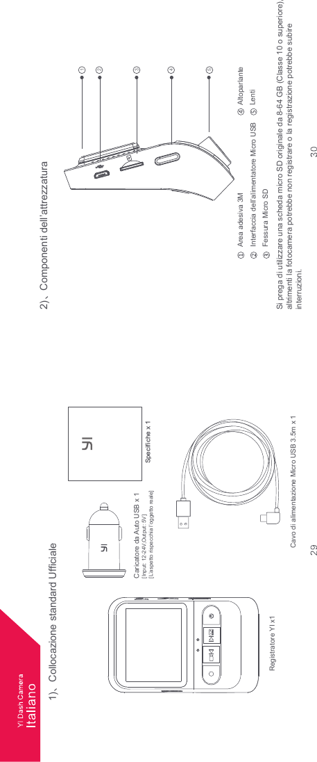 2)ȠComponenti dell’attrezzatura1)ȠCollocazione standard UfficialeSi prega di utilizzare una scheda micro SD originale da 8-64 GB (Classe 10 o superiore), altrimenti la fotocamera potrebbe non registrare o la registrazione potrebbe subire interruzioni.4QFDJGJDIFYCavo di alimentazione Micro USB 3.5m x 1 Caricatore da Auto USB x 1 Registratore YI x1[Input: 12-24V,Output: 5V][L’aspetto rispecchia l’oggetto reale]Area adesiva 3MInterfaccia dell’alimentatore Micro USBFessura Micro SDAltoparlanteLenti