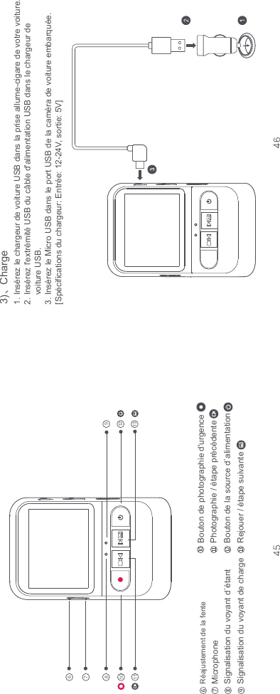 3)ȠCharge 1. Insérez le chargeur de voiture USB dans la prise allume-cigare de votre voiture.2. Insérez l&apos;extrémité USB du câble d&apos;alimentation USB dans le chargeur de     voiture USB.3. Insérez le Micro USB dans le port USB de la caméra de voiture embarquée.[Spécifications du chargeur: Entrée: 12-24V, sortie: 5V]Réajustement de la fente Microphone Signalisation du voyant d´étant Signalisation du voyant de charge  Bouton de la source d´alimentationRejouer / étape suivanteBouton de photographie d&apos;urgence Photographie / étape précédente 