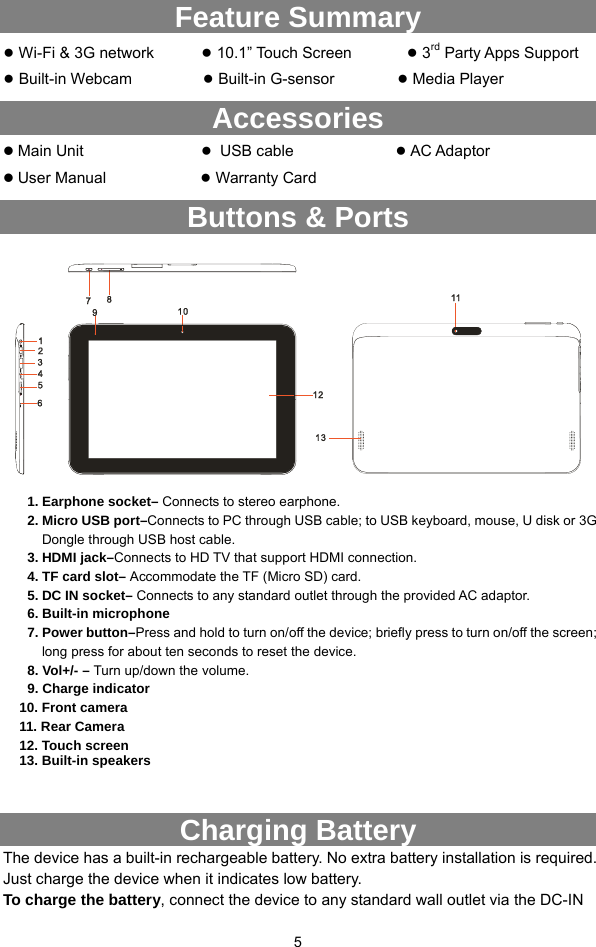  5 Feature Summary ● Wi-Fi &amp; 3G network      ● 10.1” Touch Screen       ● 3rd Party Apps Support ● Built-in Webcam         ● Built-in G-sensor        ● Media Player Accessories z Main Unit                ● USB cable             ● AC Adaptor       z User Manual            ● Warranty Card Buttons &amp; Ports                   Charging Battery The device has a built-in rechargeable battery. No extra battery installation is required. Just charge the device when it indicates low battery.   To charge the battery, connect the device to any standard wall outlet via the DC-IN 1. Earphone socket– Connects to stereo earphone. 2. Micro USB port–Connects to PC through USB cable; to USB keyboard, mouse, U disk or 3G Dongle through USB host cable. 3. HDMI jack–Connects to HD TV that support HDMI connection. 4. TF card slot– Accommodate the TF (Micro SD) card. 5. DC IN socket– Connects to any standard outlet through the provided AC adaptor. 6. Built-in microphone   7. Power button–Press and hold to turn on/off the device; briefly press to turn on/off the screen; long press for about ten seconds to reset the device.   8. Vol+/- – Turn up/down the volume. 9. Charge indicator   10. Front camera     11. Rear Camera   12. Touch screen 13. Built-in speakers  