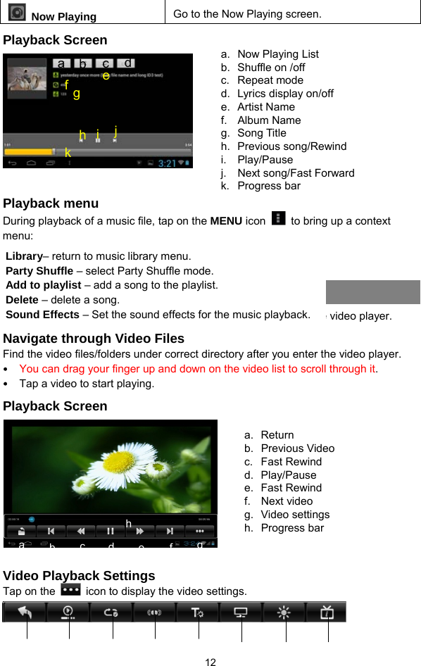  12  Now Playing  Go to the Now Playing screen. Playback Screen           Playback menu   During playback of a music file, tap on the MENU icon    to bring up a context menu:    Playing Video Tap the Movie Player icon in the Home or Apps page to launch the video player.   Navigate through Video Files Find the video files/folders under correct directory after you enter the video player.   y You can drag your finger up and down on the video list to scroll through it. y Tap a video to start playing.   Playback Screen      Video Playback Settings Tap on the    icon to display the video settings.  a.  Now Playing List b. Shuffle on /off c. Repeat mode d.  Lyrics display on/off e. Artist Name f. Album Name  g. Song Title h. Previous song/Rewind i. Play/Pause j.  Next song/Fast Forward k. Progress bar a. Return b. Previous Video  c. Fast Rewind d. Play/Pause e. Fast Rewind f. Next video g. Video settings h. Progress bar a Library– return to music library menu. Party Shuffle – select Party Shuffle mode. Add to playlist – add a song to the playlist.   Delete – delete a song. Sound Effects – Set the sound effects for the music playback. b  c  d  efgh a  b  c fd e h k g i  j 