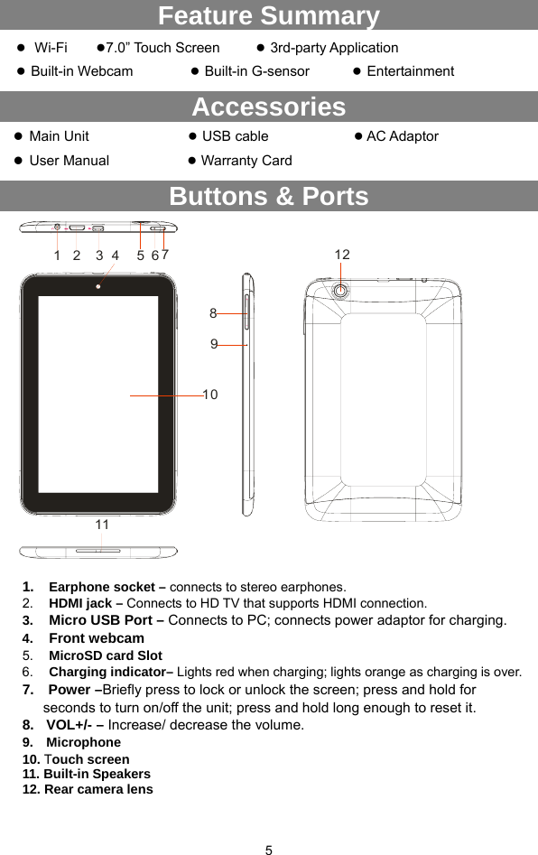  5 Feature Summary ● Wi-Fi    ●7.0” Touch Screen     ● 3rd-party Application   ● Built-in Webcam        ● Built-in G-sensor      ● Entertainment Accessories z Main Unit               ● USB cable            ● AC Adaptor       z User Manual           ● Warranty Card Buttons &amp; Ports 1234 56891112710              1.  Earphone socket – connects to stereo earphones. 2.  HDMI jack – Connects to HD TV that supports HDMI connection. 3.  Micro USB Port – Connects to PC; connects power adaptor for charging. 4.  Front webcam 5.  MicroSD card Slot   6.  Charging indicator– Lights red when charging; lights orange as charging is over. 7.  Power –Briefly press to lock or unlock the screen; press and hold for seconds to turn on/off the unit; press and hold long enough to reset it. 8.  VOL+/- – Increase/ decrease the volume. 9.  Microphone 10. Touch screen 11. Built-in Speakers 12. Rear camera lens 