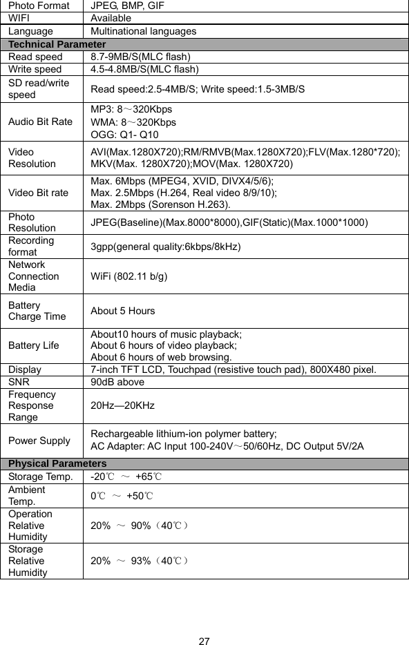  27 Photo Format  JPEG, BMP, GIF WIFI Available Language Multinational languages Technical Parameter Read speed  8.7-9MB/S(MLC flash) Write speed  4.5-4.8MB/S(MLC flash) SD read/write speed  Read speed:2.5-4MB/S; Write speed:1.5-3MB/S Audio Bit Rate MP3: 8～320Kbps WMA: 8～320Kbps OGG: Q1- Q10 Video Resolution AVI(Max.1280X720);RM/RMVB(Max.1280X720);FLV(Max.1280*720); MKV(Max. 1280X720);MOV(Max. 1280X720) Video Bit rate Max. 6Mbps (MPEG4, XVID, DIVX4/5/6);   Max. 2.5Mbps (H.264, Real video 8/9/10);   Max. 2Mbps (Sorenson H.263). Photo Resolution  JPEG(Baseline)(Max.8000*8000),GIF(Static)(Max.1000*1000) Recording format  3gpp(general quality:6kbps/8kHz) Network Connection Media WiFi (802.11 b/g) Battery Charge Time  About 5 Hours Battery Life About10 hours of music playback;   About 6 hours of video playback;   About 6 hours of web browsing. Display  7-inch TFT LCD, Touchpad (resistive touch pad), 800X480 pixel. SNR 90dB above Frequency Response Range 20Hz—20KHz Power Supply  Rechargeable lithium-ion polymer battery; AC Adapter: AC Input 100-240V～50/60Hz, DC Output 5V/2A Physical Parameters Storage Temp.  -20℃ ～ +65℃ Ambient Tem p.   0℃ ～ +50℃ Operation Relative Humidity 20%  ～ 90%（40℃） Storage Relative Humidity 20%  ～ 93%（40℃）  