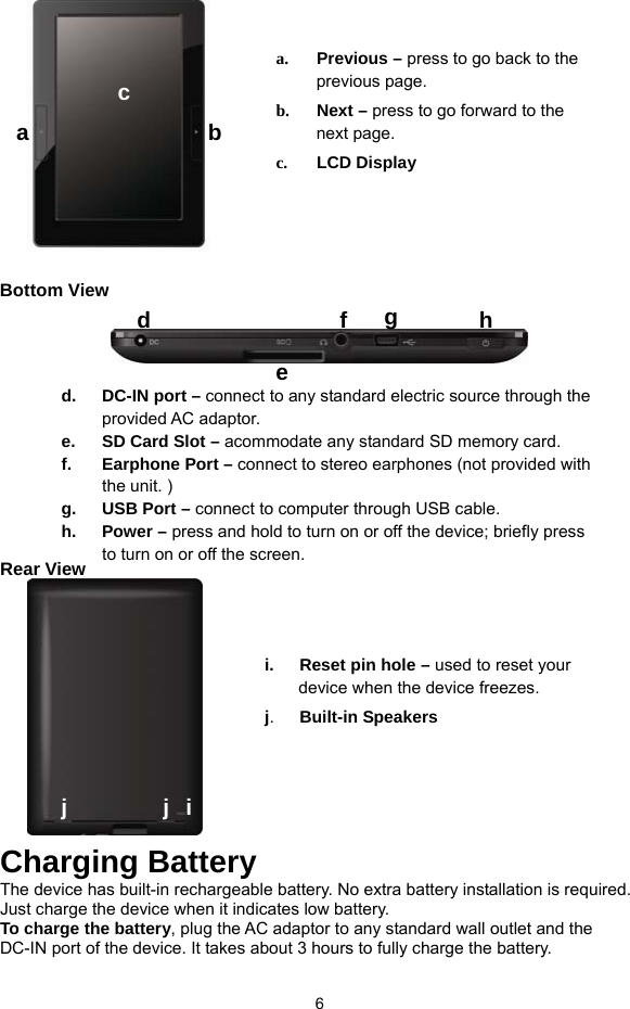  6   Bottom View            Rear View  Charging Battery The device has built-in rechargeable battery. No extra battery installation is required. Just charge the device when it indicates low battery.   To charge the battery, plug the AC adaptor to any standard wall outlet and the DC-IN port of the device. It takes about 3 hours to fully charge the battery. a. Previous – press to go back to the previous page.    b. Next – press to go forward to the next page.  c. LCD Display d.  DC-IN port – connect to any standard electric source through the provided AC adaptor.   e.  SD Card Slot – acommodate any standard SD memory card.   f.  Earphone Port – connect to stereo earphones (not provided with the unit. ) g.  USB Port – connect to computer through USB cable. h. Power – press and hold to turn on or off the device; briefly press to turn on or off the screen. a bc d ef  ghi j j i.      Reset pin hole – used to reset your device when the device freezes.    j.   Built-in Speakers 