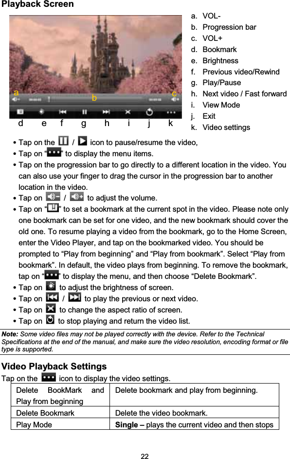 22Playback ScreenyTap on the / icon to pause/resume the video,yTap on “ ” to display the menu items.yTap on the progression bar to go directly to a different location in the video. Youcan also use your finger to drag the cursor in the progression bar to anotherlocation in the video.yTap on / to adjust the volume.yTap on “ ” to set a bookmark at the current spot in the video. Please note onlyone bookmark can be set for one video, and the new bookmark should cover theold one. To resume playing a video from the bookmark, go to the Home Screen,enter the Video Player, and tap on the bookmarked video. You should beprompted to “Play from beginning” and “Play from bookmark”. Select “Play frombookmark”. In default, the video plays from beginning. To remove the bookmark,tapon“ ” to display the menu, and then choose “Delete Bookmark”.yTap on to adjust the brightness of screen.yTap on / to play the previous or next video.yTap on to change the aspect ratio of screen.yTap on to stop playing and return the video list.Note: Some video files may not be played correctly with the device. Refer to the TechnicalSpecifications at the end of the manual, and make sure the video resolution, encoding format or filetype is supported.Video Playback SettingsTap on the icon to display the video settings.Delete BookMark andPlay from beginningDelete bookmark and play from beginning.Delete Bookmark Delete the video bookmark.Play Mode Single – plays the current video and then stopsa. VOL-b. Progression barc. VOL+d. Bookmarke. Brightnessf. Previous video/Rewindg. Play/Pauseh. Next video / Fast forwardi. View Modej. Exitk. Video settingsabdefghijkc