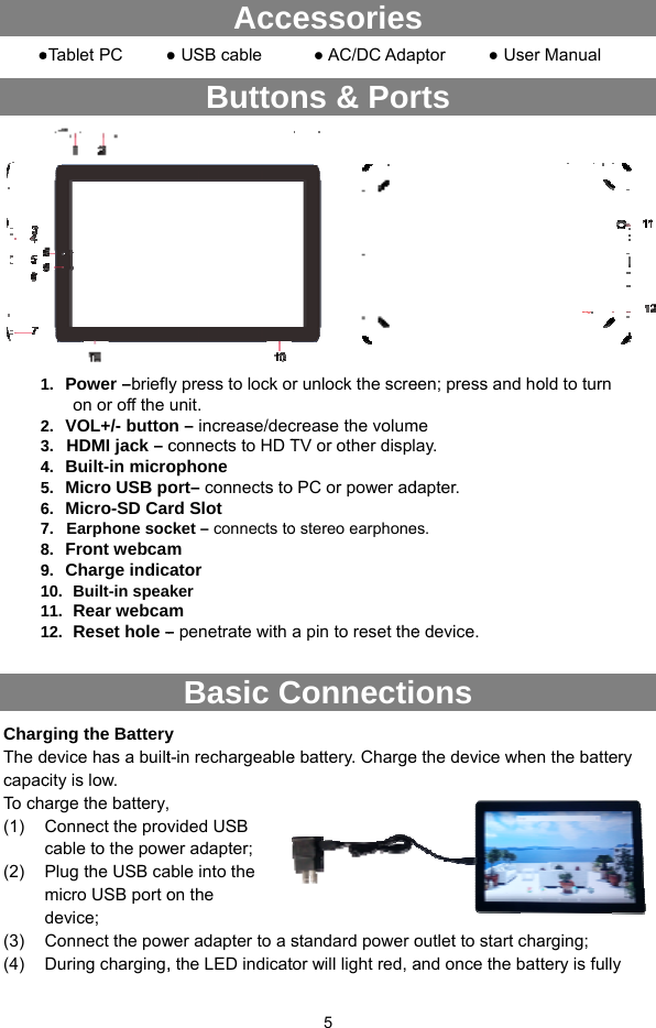     ●              ChargThe dcapacTo  c ha(1) (2) (3) (4) 123456789111●Tablet PC     ●ging the Batterydevice has a builtcity is low.   arge the battery,Connect the provcable to the powPlug the USB camicro USB port odevice; Connect the powDuring charging,1.  Power –brieflon or off the 2.  VOL+/- butto3. HDMI jack – c4.  Built-in micro5.   Micro USB po6.  Micro-SD Ca7. Earphone soc8.  Front webcam9.  Charge indic10. Built-in spea11. Rear webca12. Reset hole –Acc● USB cable     ButtoBasic Cy t-in rechargeable  vided USB wer adapter; able into the on the wer adapter to a s, the LED indicaty press to lock ounit.  n – increase/decconnects to HD Tophone ort– connects tord Slot  cket – connects tom cator  aker m – penetrate with  5 essories  ● AC/DC Adans &amp; PorConnectie battery. Chargestandard power otor will light red, ar unlock the screcrease the volumTV or other displo PC or power ado stereo earphonea pin to reset thes aptor     ● Userrts ons e the device whenoutlet to start chaand once the bateen; press and home ay. dapter. es. e device. r Manual    n the battery arging; ttery is fully old to turn 