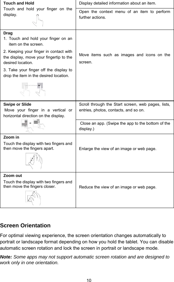  10 Touch and Hold Touch and hold your finger on the display.  Display detailed information about an item. Open the context menu of an item to perform further actions. Drag 1. Touch and hold your finger on an item on the screen. 2. Keeping your finger in contact with the display, move your fingertip to the desired location.   3. Take your finger off the display to drop the item in the desired location.    Move  items  such  as  images  and  icons  on  the screen. Swipe or Slide Move your finger in a vertical or horizontal direction on the display.    Scroll through the Start screen, web pages, lists, entries, photos, contacts, and so on.  Close an app. (Swipe the app to the bottom of the display.) Zoom in Touch the display with two fingers and then move the fingers apart.    Enlarge the view of an image or web page.  Zoom out Touch the display with two fingers and then move the fingers closer.      Reduce the view of an image or web page.   Screen Orientation For optimal viewing experience, the screen orientation changes automatically to portrait or landscape format depending on how you hold the tablet. You can disable automatic screen rotation and lock the screen in portrait or landscape mode. Note: Some apps may not support automatic screen rotation and are designed to work only in one orientation.  