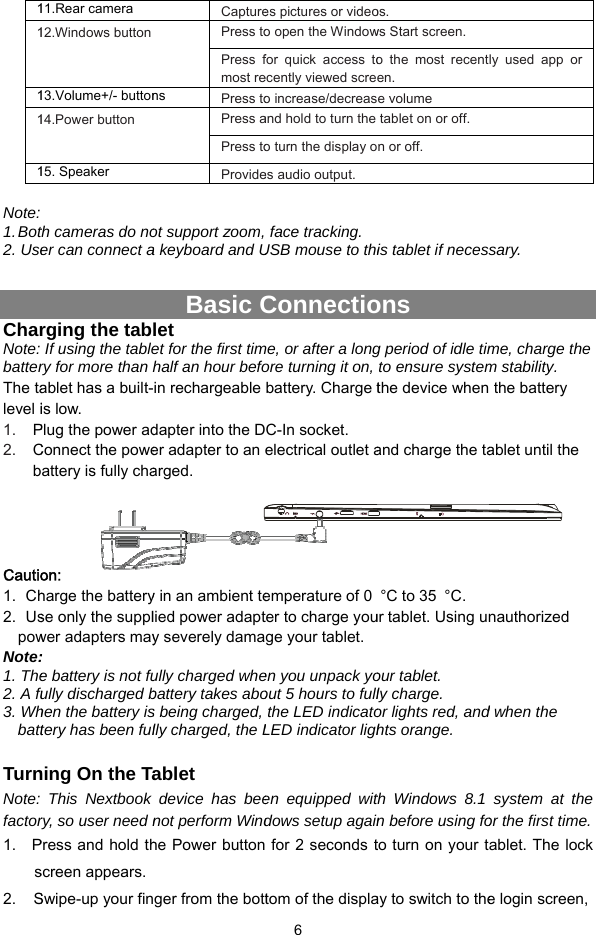 11111 Note: 1. Bot2. Use CharNote: batterThe talevel i1. P2. Cb    Cautio1.  Ch2.  UspowNote:1. The2. A fu3. Whbatt TurnNote: factor1.   Ps2.    S11.Rear camera 12.Windows button 13.Volume+/- button14.Power button 15. Speaker  th cameras do noer can connect arging the tabIf using the tablery for more than hablet has a built-is low.   Plug the power adConnect the poweattery is fully chaon:   harge the batteryse only the supplwer adapters may:  e battery is not fufully discharged bhen the battery istery has been fulning On the TaThis Nextbook ry, so user need nPress and hold thscreen appears. Swipe-up your finCapturePress toPress fmost rens  Press toPress aPress toProvideot support zoom,a keyboard and UBasic Clet et for the first timhalf an hour befoin rechargeable dapter into the Der adapter to an arged. y in an ambient telied power adapty severely damaully charged whebattery takes abos being charged, lly charged, the Lablet device has beenot perform Windhe Power button ger from the bott 6 es pictures or videoo open the Windowfor quick access toecently viewed screo increase/decreasand hold to turn the o turn the display oes audio output.  face tracking.USB mouse to thiConnectiome, or after a longore turning it on,battery. Charge tC-In socket. electrical outlet aemperature of 0 ter to charge youge your tablet.en you unpack yoout 5 hours to fullthe LED indicatoLED indicator lighen equipped witdows setup again for  2 seconds ttom of the displaos. ws Start screen. o the most recenten. e volume tablet on or off. n or off. is tablet if necesons g period of idle timto ensure systemthe device whenand charge the ta°C to 35  °C.ur tablet. Using unour tablet. ly charge. or lights red, andhts orange. th Windows 8.1n before using foto turn on your tay to switch to thely used app or sary. me, charge the m stability.  the battery ablet until the nauthorized d when the system at the or the first time. ablet. The lock e login screen,      