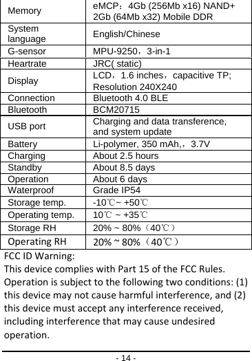 - 14 - Memory  eMCP：4Gb (256Mb x16) NAND+ 2Gb (64Mb x32) Mobile DDR System language English/Chinese  G-sensor MPU-9250，3-in-1  Heartrate    JRC( static) Display  LCD，1.6 inches，capacitive TP; Resolution 240X240 Connection   Bluetooth 4.0 BLE Bluetooth BCM20715 USB port  Charging and data transference, and system update Battery  Li-polymer, 350 mAh,，3.7V Charging   About 2.5 hours Standby   About 8.5 days Operation   About 6 days Waterproof   Grade IP54 Storage temp.  -10℃~ +50℃ Operating temp. 10℃ ~ +35℃ Storage RH  20% ~ 80%（40℃） OperatingRH20%~80%（40℃）FCCIDWarning:ThisdevicecomplieswithPart15oftheFCCRules.Operationissubjecttothefollowingtwoconditions:(1)thisdevicemaynotcauseharmfulinterference,and(2)thisdevicemustacceptanyinterferencereceived,includinginterferencethatmaycauseundesiredoperation.