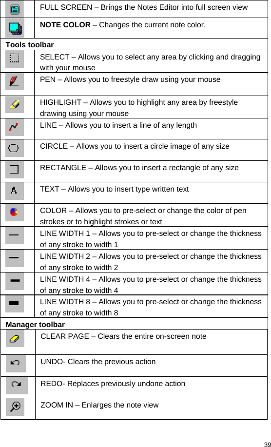  39  FULL SCREEN – Brings the Notes Editor into full screen view  NOTE COLOR – Changes the current note color. Tools toolbar  SELECT – Allows you to select any area by clicking and dragging with your mouse  PEN – Allows you to freestyle draw using your mouse  HIGHLIGHT – Allows you to highlight any area by freestyle drawing using your mouse  LINE – Allows you to insert a line of any length  CIRCLE – Allows you to insert a circle image of any size  RECTANGLE – Allows you to insert a rectangle of any size  TEXT – Allows you to insert type written text  COLOR – Allows you to pre-select or change the color of pen strokes or to highlight strokes or text  LINE WIDTH 1 – Allows you to pre-select or change the thickness of any stroke to width 1  LINE WIDTH 2 – Allows you to pre-select or change the thickness of any stroke to width 2  LINE WIDTH 4 – Allows you to pre-select or change the thickness of any stroke to width 4  LINE WIDTH 8 – Allows you to pre-select or change the thickness of any stroke to width 8 Manager toolbar  CLEAR PAGE – Clears the entire on-screen note  UNDO- Clears the previous action  REDO- Replaces previously undone action  ZOOM IN – Enlarges the note view 