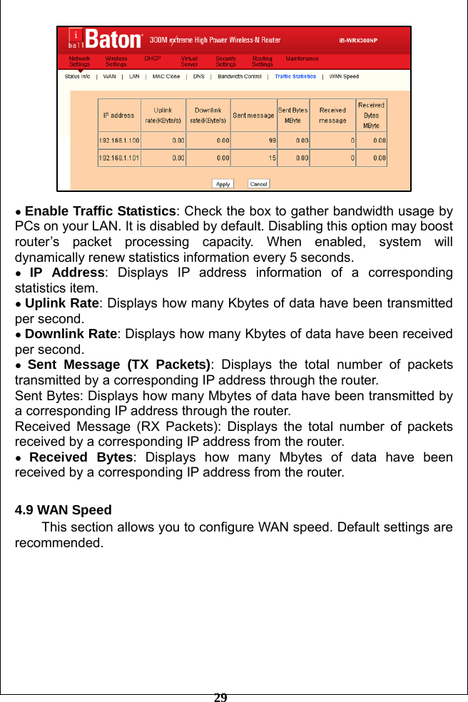         29   ● Enable Traffic Statistics: Check the box to gather bandwidth usage by PCs on your LAN. It is disabled by default. Disabling this option may boost router’s packet processing capacity. When enabled, system will dynamically renew statistics information every 5 seconds. ● IP Address: Displays IP address information of a corresponding statistics item. ● Uplink Rate: Displays how many Kbytes of data have been transmitted per second. ● Downlink Rate: Displays how many Kbytes of data have been received per second. ● Sent Message (TX Packets): Displays the total number of packets transmitted by a corresponding IP address through the router. Sent Bytes: Displays how many Mbytes of data have been transmitted by a corresponding IP address through the router. Received Message (RX Packets): Displays the total number of packets received by a corresponding IP address from the router. ● Received Bytes: Displays how many Mbytes of data have been received by a corresponding IP address from the router.  4.9 WAN Speed   This section allows you to configure WAN speed. Default settings are recommended.  