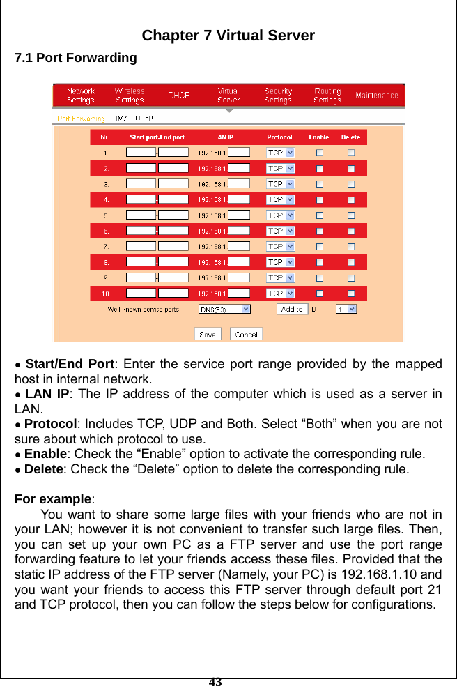         43 Chapter 7 Virtual Server 7.1 Port Forwarding    ● Start/End Port: Enter the service port range provided by the mapped host in internal network. ● LAN IP: The IP address of the computer which is used as a server in LAN. ● Protocol: Includes TCP, UDP and Both. Select “Both” when you are not sure about which protocol to use. ● Enable: Check the “Enable” option to activate the corresponding rule. ● Delete: Check the “Delete” option to delete the corresponding rule.  For example: You want to share some large files with your friends who are not in your LAN; however it is not convenient to transfer such large files. Then, you can set up your own PC as a FTP server and use the port range forwarding feature to let your friends access these files. Provided that the static IP address of the FTP server (Namely, your PC) is 192.168.1.10 and you want your friends to access this FTP server through default port 21 and TCP protocol, then you can follow the steps below for configurations.    
