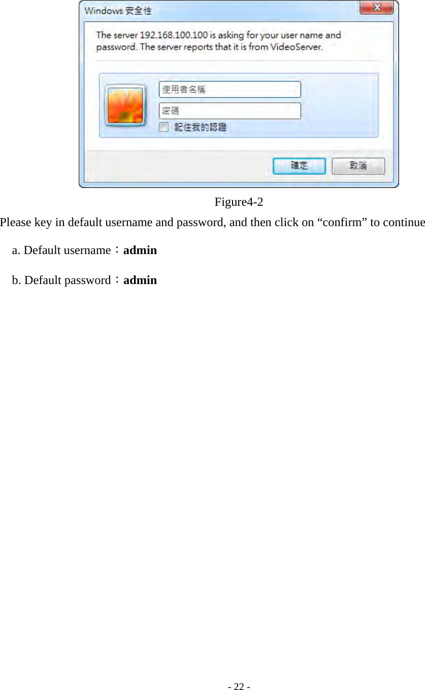    - 22 -  Figure4-2 Please key in default username and password, and then click on “confirm” to continue a. Default username：admin     b. Default password：admin 