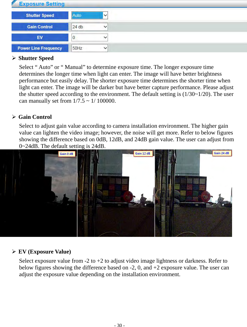    - 30 -   Shutter Speed   Select “ Auto” or “ Manual” to determine exposure time. The longer exposure time determines the longer time when light can enter. The image will have better brightness performance but easily delay. The shorter exposure time determines the shorter time when light can enter. The image will be darker but have better capture performance. Please adjust the shutter speed according to the environment. The default setting is (1/30~1/20). The user can manually set from 1/7.5 ~ 1/ 100000.   Gain Control   Select to adjust gain value according to camera installation environment. The higher gain value can lighten the video image; however, the noise will get more. Refer to below figures showing the difference based on 0dB, 12dB, and 24dB gain value. The user can adjust from 0~24dB. The default setting is 24dB.    EV (Exposure Value)   Select exposure value from -2 to +2 to adjust video image lightness or darkness. Refer to below figures showing the difference based on -2, 0, and +2 exposure value. The user can adjust the exposure value depending on the installation environment.   