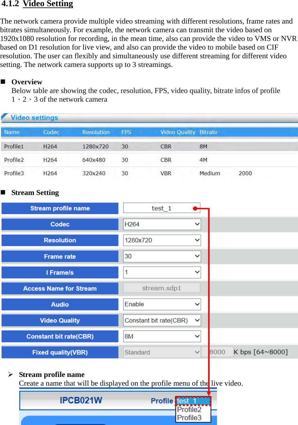    - 32 - 4.1.2  Video Setting  The network camera provide multiple video streaming with different resolutions, frame rates and bitrates simultaneously. For example, the network camera can transmit the video based on 1920x1080 resolution for recording, in the mean time, also can provide the video to VMS or NVR based on D1 resolution for live view, and also can provide the video to mobile based on CIF resolution. The user can flexibly and simultaneously use different streaming for different video setting. The network camera supports up to 3 streamings.    Overview Below table are showing the codec, resolution, FPS, video quality, bitrate infos of profile   1、2、3 of the network camera      Stream Setting                      Stream profile name Create a name that will be displayed on the profile menu of the live video.   