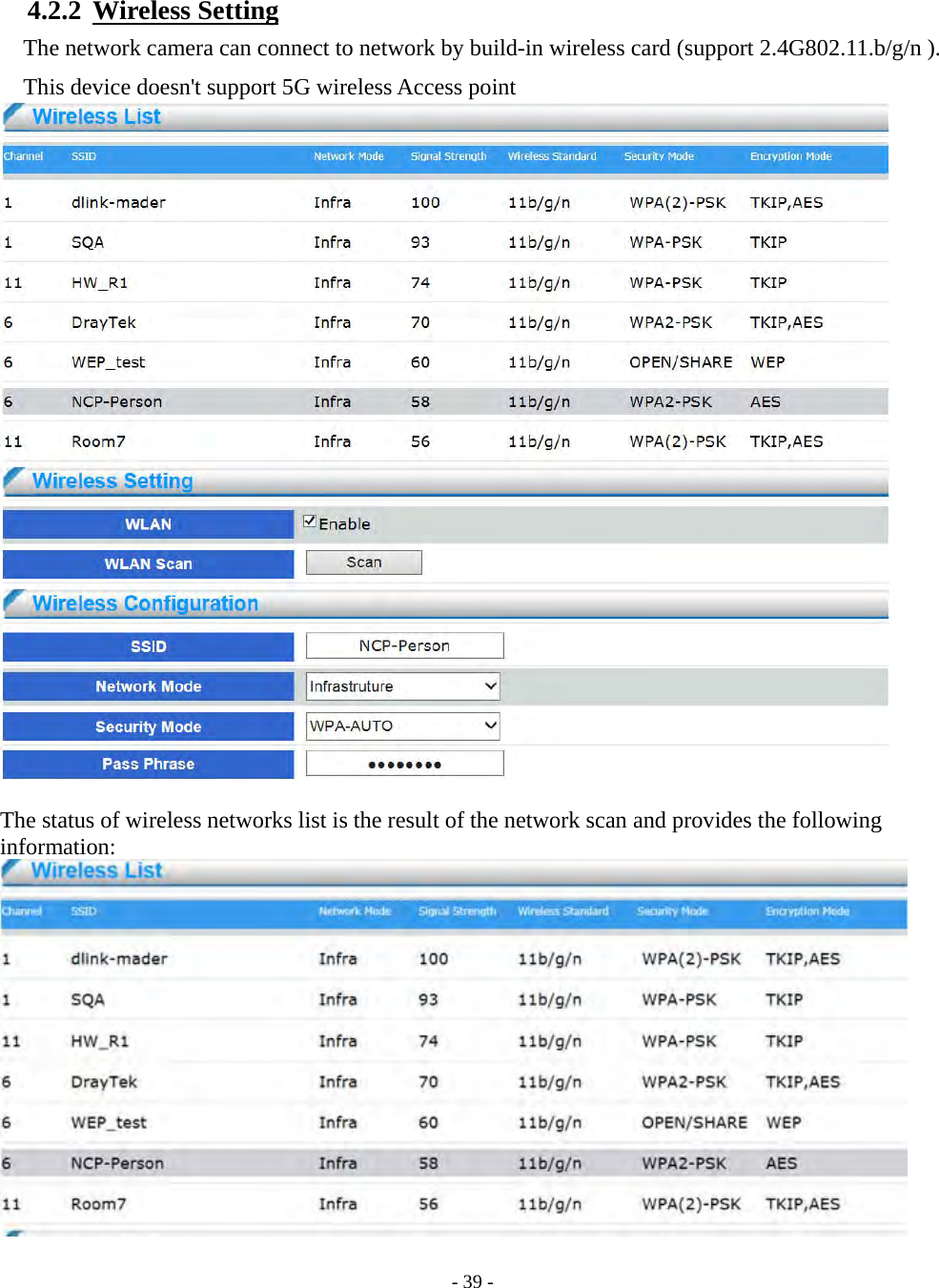    - 39 - 4.2.2  Wireless Setting The network camera can connect to network by build-in wireless card (support 2.4G802.11.b/g/n ). This device doesn&apos;t support 5G wireless Access point   The status of wireless networks list is the result of the network scan and provides the following information:  