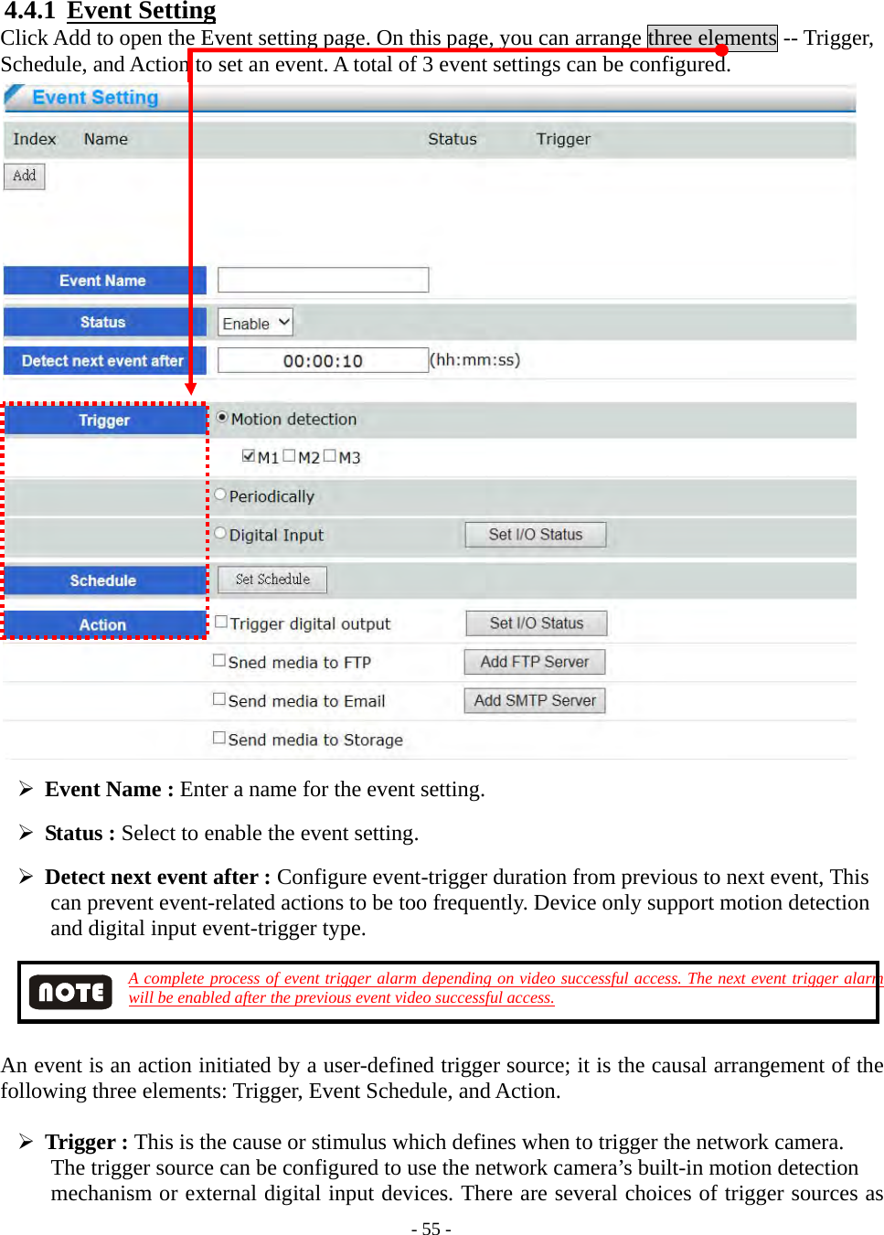    - 55 - 4.4.1  Event Setting Click Add to open the Event setting page. On this page, you can arrange three elements -- Trigger, Schedule, and Action to set an event. A total of 3 event settings can be configured.                             Event Name : Enter a name for the event setting.  Status : Select to enable the event setting.  Detect next event after : Configure event-trigger duration from previous to next event, This         can prevent event-related actions to be too frequently. Device only support motion detection    and digital input event-trigger type.          A complete process of event trigger alarm depending on video successful access. The next event trigger alarm will be enabled after the previous event video successful access.     An event is an action initiated by a user-defined trigger source; it is the causal arrangement of the following three elements: Trigger, Event Schedule, and Action.   Trigger : This is the cause or stimulus which defines when to trigger the network camera.       The trigger source can be configured to use the network camera’s built-in motion detection      mechanism or external digital input devices. There are several choices of trigger sources as 