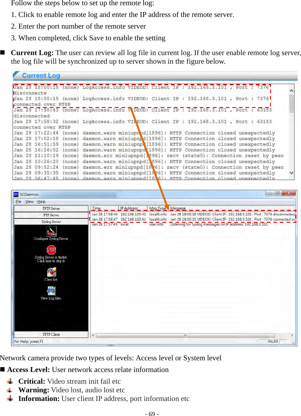    - 69 - Follow the steps below to set up the remote log: 1. Click to enable remote log and enter the IP address of the remote server. 2. Enter the port number of the remote server 3. When completed, click Save to enable the setting   Current Log: The user can review all log file in current log. If the user enable remote log server, the log file will be synchronized up to server shown in the figure below.                     Network camera provide two types of levels: Access level or System level  Access Level: User network access relate information   Critical: Video stream init fail etc   Warning: Video lost, audio lost etc   Information: User client IP address, port information etc 