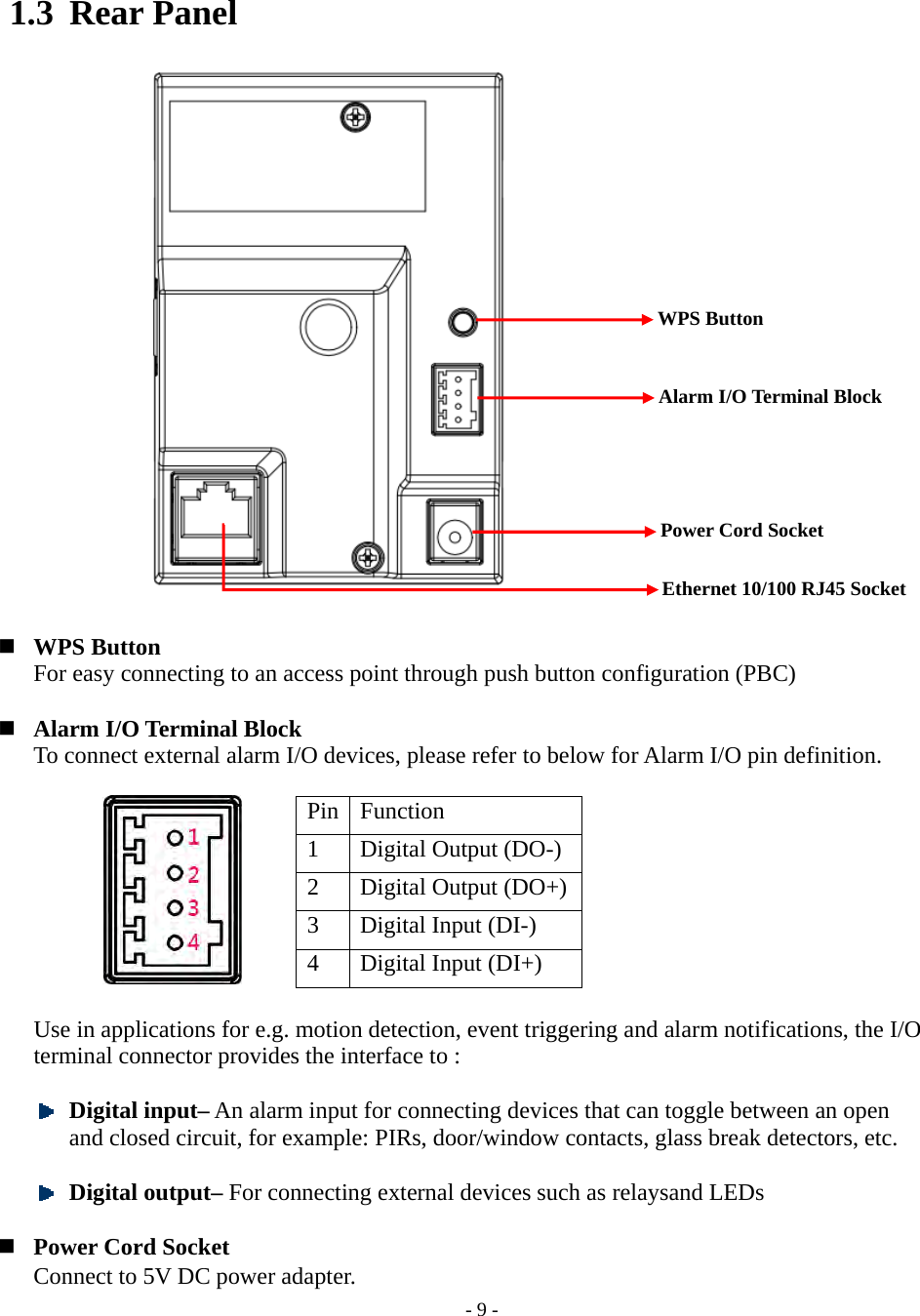    - 9 - 1.3 Rear Panel                         WPS Button For easy connecting to an access point through push button configuration (PBC)    Alarm I/O Terminal Block To connect external alarm I/O devices, please refer to below for Alarm I/O pin definition.                  Pin Function 1  Digital Output (DO-) 2  Digital Output (DO+)3 Digital Input (DI-) 4 Digital Input (DI+)  Use in applications for e.g. motion detection, event triggering and alarm notifications, the I/O terminal connector provides the interface to :   Digital input– An alarm input for connecting devices that can toggle between an open and closed circuit, for example: PIRs, door/window contacts, glass break detectors, etc.   Digital output– For connecting external devices such as relaysand LEDs    Power Cord Socket Connect to 5V DC power adapter. WPS Button Alarm I/O Terminal Block Power Cord Socket Ethernet 10/100 RJ45 Socket 