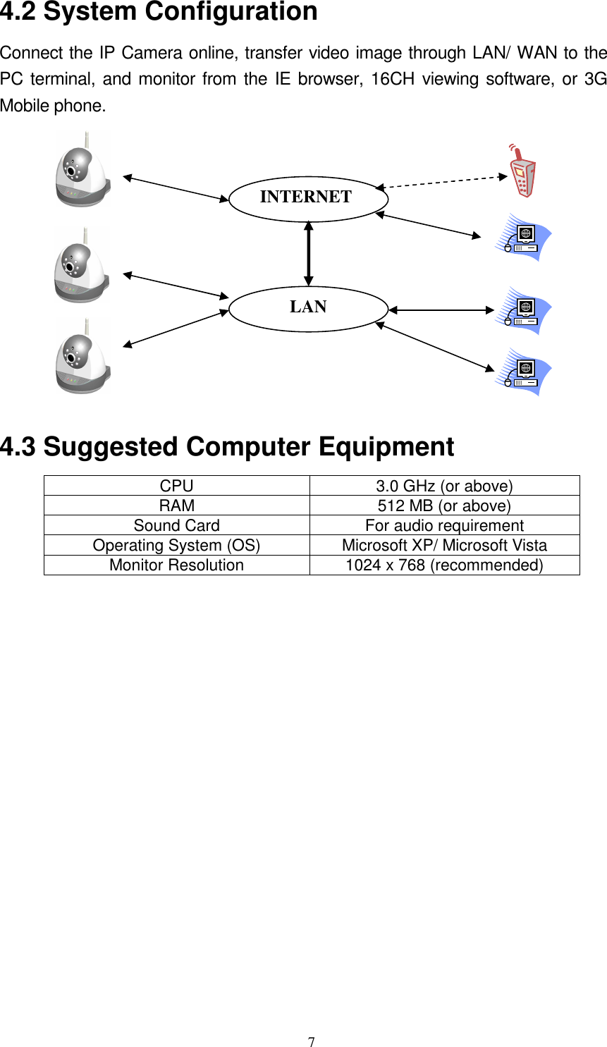   7 4.2 System Configuration   Connect the IP Camera online, transfer video image through LAN/ WAN to the PC terminal, and monitor from the IE browser, 16CH viewing software, or 3G Mobile phone.            4.3 Suggested Computer Equipment CPU  3.0 GHz (or above) RAM  512 MB (or above) Sound Card  For audio requirement Operating System (OS)  Microsoft XP/ Microsoft Vista Monitor Resolution  1024 x 768 (recommended)   LAN INTERNET 