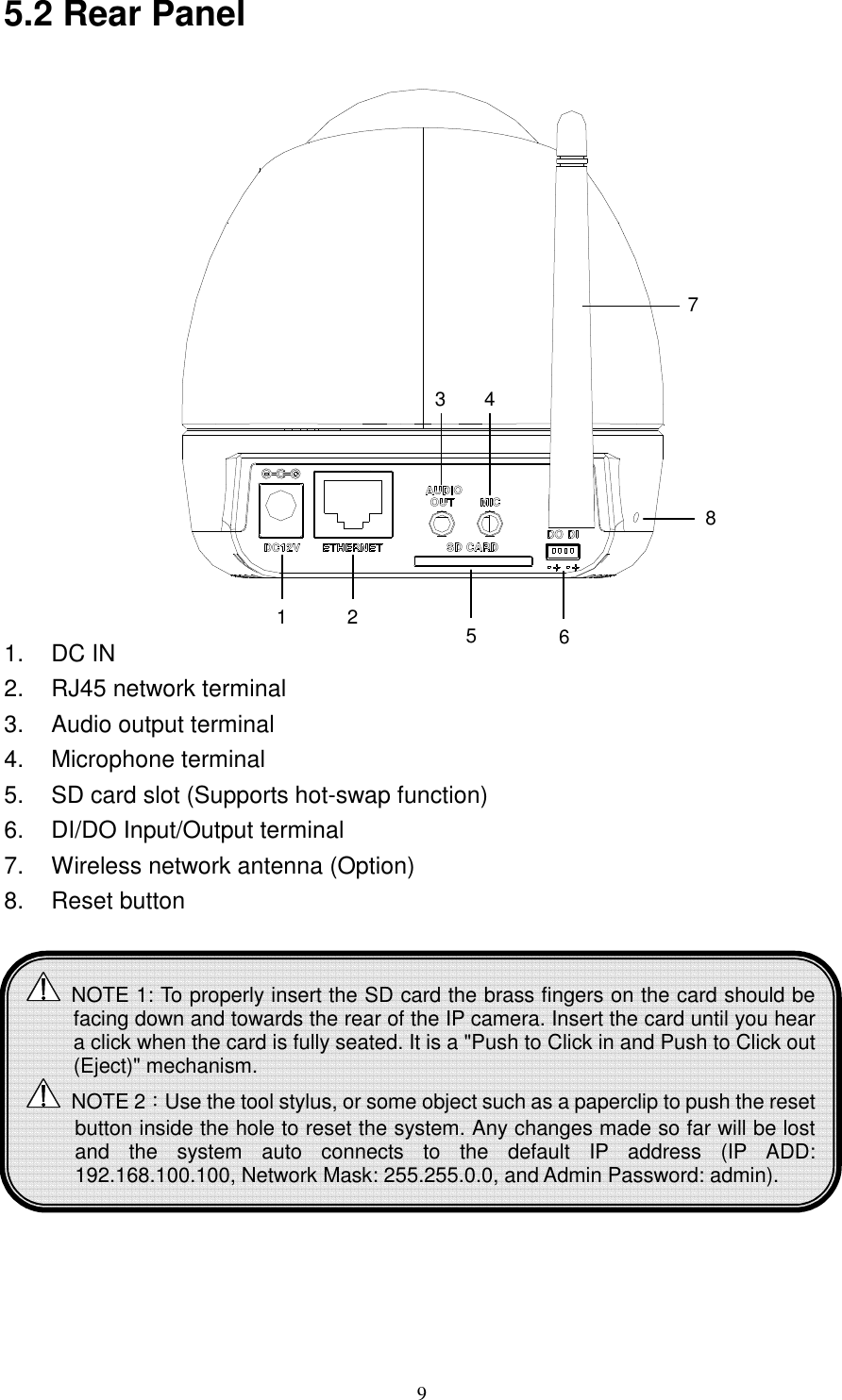   9 5.2 Rear Panel      1.  DC IN 2.  RJ45 network terminal 3.  Audio output terminal 4.  Microphone terminal 5.  SD card slot (Supports hot-swap function) 6.  DI/DO Input/Output terminal 7.  Wireless network antenna (Option) 8.  Reset button     1 2 5 6 3 4 7 8  NOTE 1: To properly insert the SD card the brass fingers on the card should be facing down and towards the rear of the IP camera. Insert the card until you hear a click when the card is fully seated. It is a &quot;Push to Click in and Push to Click out (Eject)&quot; mechanism.   NOTE 2：Use the tool stylus, or some object such as a paperclip to push the reset button inside the hole to reset the system. Any changes made so far will be lost and  the  system  auto  connects  to  the  default  IP  address  (IP  ADD: 192.168.100.100, Network Mask: 255.255.0.0, and Admin Password: admin).  