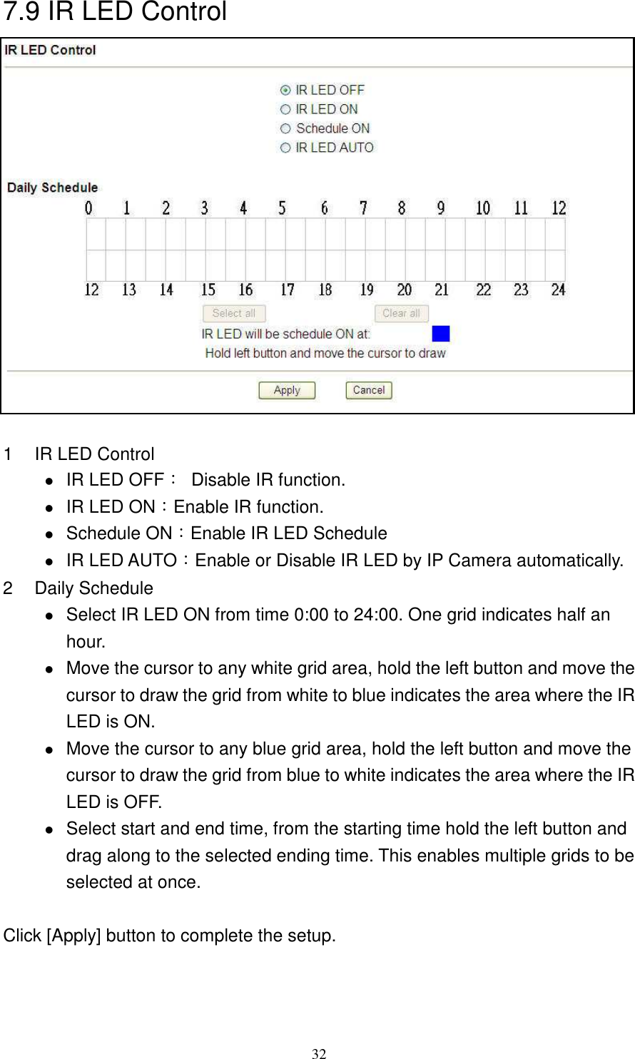   327.9 IR LED Control                1  IR LED Control  IR LED OFF：  Disable IR function.  IR LED ON：Enable IR function.  Schedule ON：Enable IR LED Schedule  IR LED AUTO：Enable or Disable IR LED by IP Camera automatically. 2  Daily Schedule  Select IR LED ON from time 0:00 to 24:00. One grid indicates half an hour.    Move the cursor to any white grid area, hold the left button and move the cursor to draw the grid from white to blue indicates the area where the IR LED is ON.  Move the cursor to any blue grid area, hold the left button and move the cursor to draw the grid from blue to white indicates the area where the IR LED is OFF.  Select start and end time, from the starting time hold the left button and drag along to the selected ending time. This enables multiple grids to be selected at once.  Click [Apply] button to complete the setup. 