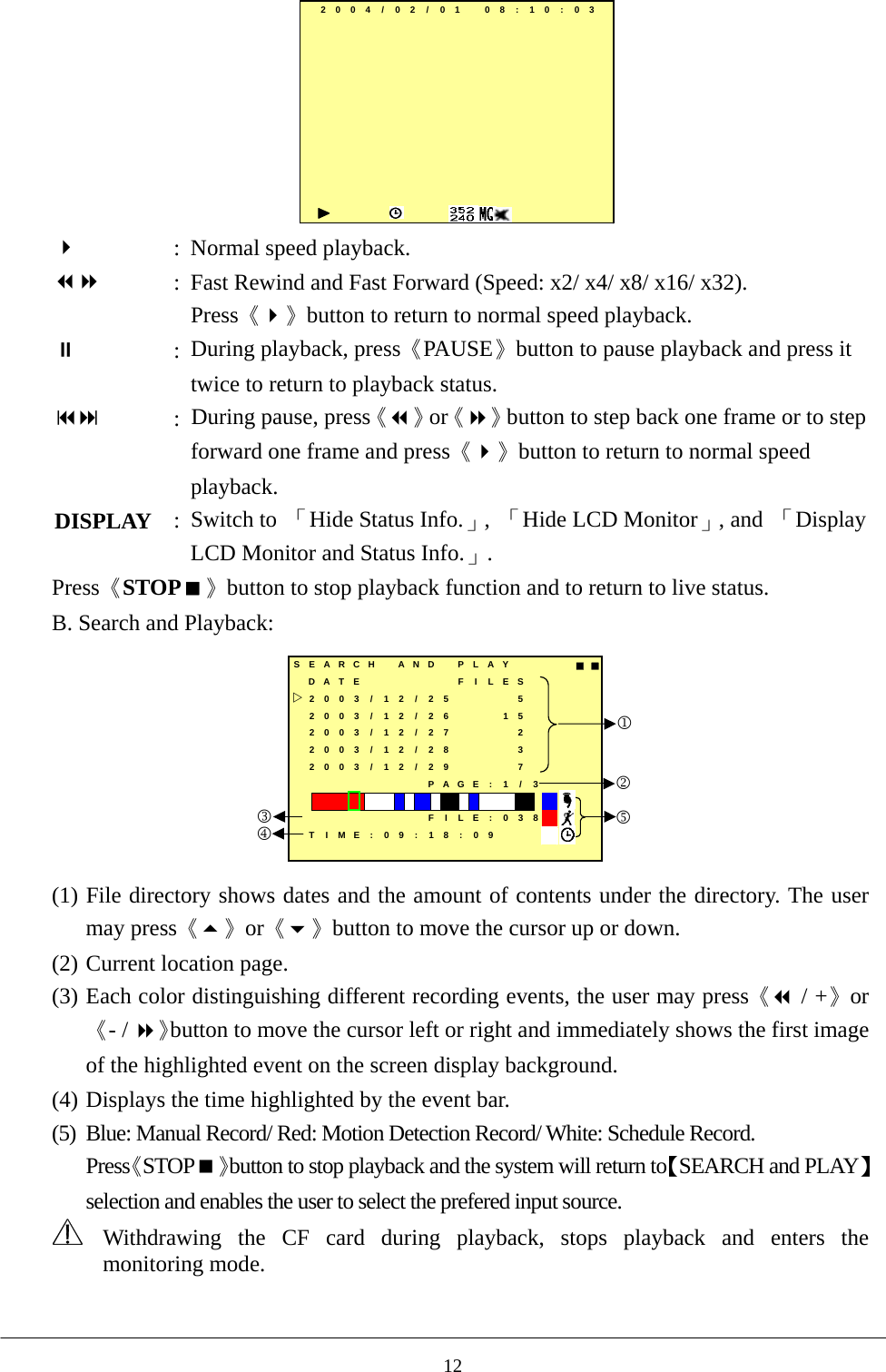 2004/ 02/ 01 08:10:03   :  Normal speed playback.  :  Fast Rewind and Fast Forward (Speed: x2/ x4/ x8/ x16/ x32).   Press《》button to return to normal speed playback.  :  During playback, press《PAUSE》button to pause playback and press it twice to return to playback status.   :  During pause, press《》or《》button to step back one frame or to stepforward one frame and press《》button to return to normal speed playback. DISPLAY  :  Switch to  「Hide Status Info.」,  「Hide LCD Monitor」, and  「Display LCD Monitor and Status Info.」. Press《STOP》button to stop playback function and to return to live status.   B. Search and Playback:   SEARCH  AND PLAY ■■DATE F I LES2003/ 12 / 25 52003/ 12 / 26 152003/ 12 / 27 22003/ 12 / 28 32003/ 12 / 29 7PAGE : 1 / 3FILE:038TIME:09:18:0912354 (1) File directory shows dates and the amount of contents under the directory. The user may press《》or《》button to move the cursor up or down. (2) Current location page. (3) Each color distinguishing different recording events, the user may press《 / +》or《- / 》button to move the cursor left or right and immediately shows the first image of the highlighted event on the screen display background. (4) Displays the time highlighted by the event bar.   (5)  Blue: Manual Record/ Red: Motion Detection Record/ White: Schedule Record. Press《STOP》button to stop playback and the system will return to【SEARCH and PLAY】selection and enables the user to select the prefered input source.  Withdrawing the CF card during playback, stops playback and enters the monitoring mode.   12