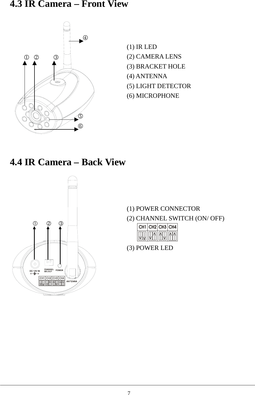 4.3 IR Camera – Front View   2 1 3 4 5 6    (1) IR LED (2) CAMERA LENS   (3) BRACKET HOLE (4) ANTENNA (5) LIGHT DETECTOR (6) MICROPHONE  4.4 IR Camera – Back View         (1) POWER CONNECTOR (2) CHANNEL SWITCH (ON/ OFF)   (3) POWER LED  7