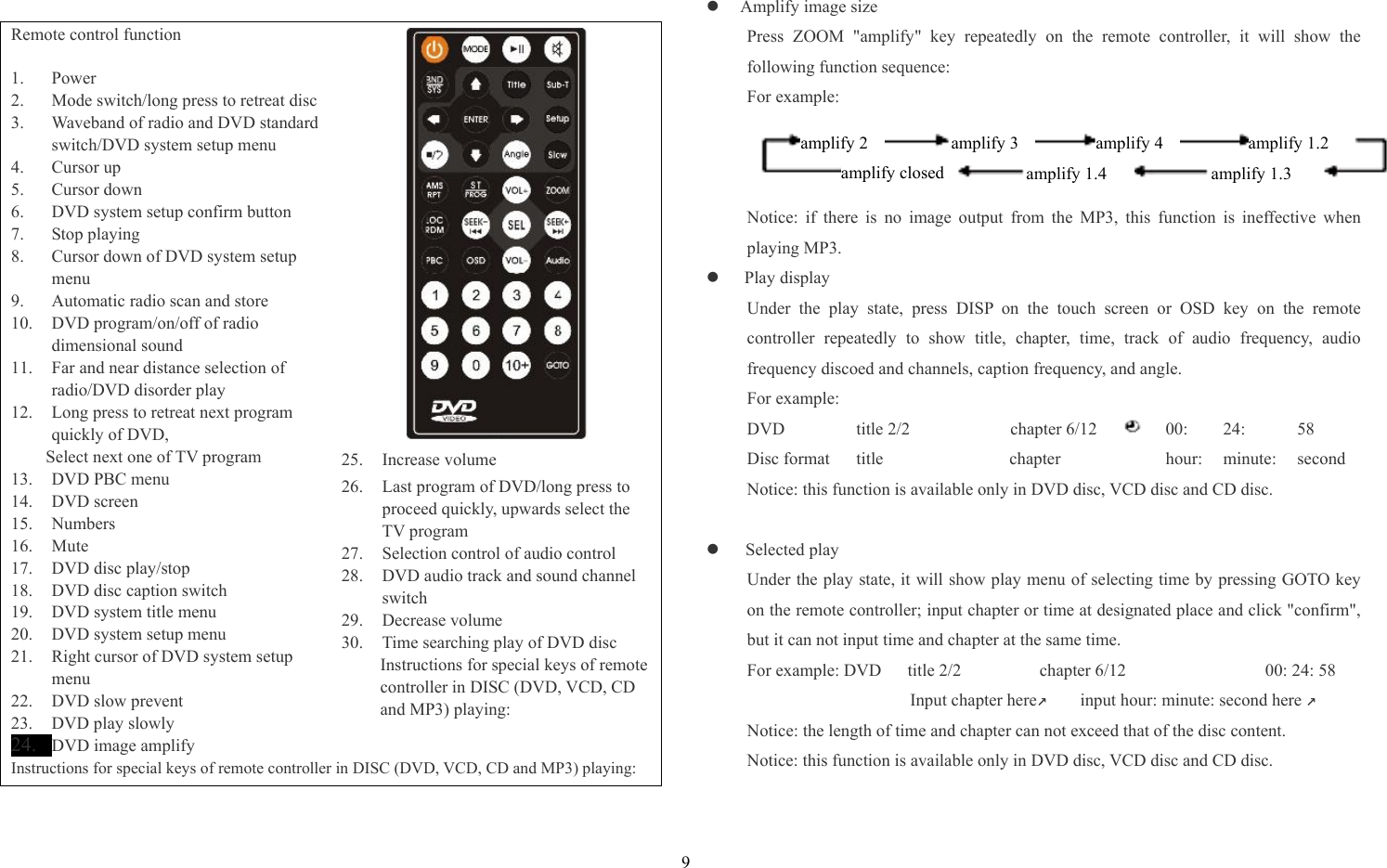 9  Remote control function    1. Power  2. Mode switch/long press to retreat disc 3. Waveband of radio and DVD standard switch/DVD system setup menu 4. Cursor up 5. Cursor down 6. DVD system setup confirm button   7. Stop playing 8. Cursor down of DVD system setup menu  9. Automatic radio scan and store 10. DVD program/on/off of radio dimensional sound 11. Far and near distance selection of radio/DVD disorder play 12. Long press to retreat next program quickly of DVD,   Select next one of TV program 13. DVD PBC menu 14. DVD screen 15. Numbers  16. Mute 17. DVD disc play/stop 18. DVD disc caption switch   19. DVD system title menu   20. DVD system setup menu   21. Right cursor of DVD system setup menu  22. DVD slow prevent   23. DVD play slowly 24. DVD image amplify  25. Increase volume   26. Last program of DVD/long press to proceed quickly, upwards select the TV program   27. Selection control of audio control   28. DVD audio track and sound channel switch  29. Decrease volume   30. Time searching play of DVD disc   Instructions for special keys of remote controller in DISC (DVD, VCD, CD and MP3) playing:    Instructions for special keys of remote controller in DISC (DVD, VCD, CD and MP3) playing: z Amplify image size Press ZOOM &quot;amplify&quot; key repeatedly on the remote controller, it will show the following function sequence: For example:    Notice: if there is no image output from the MP3, this function is ineffective when playing MP3.   z Play display   Under the play state, press DISP on the touch screen or OSD key on the remote controller repeatedly to show title, chapter, time, track of audio frequency, audio frequency discoed and channels, caption frequency, and angle.   For example: DVD title 2/2  chapter 6/12      00: 24:  58 Disc format  title    chapter    hour: minute: second Notice: this function is available only in DVD disc, VCD disc and CD disc.    z Selected play Under the play state, it will show play menu of selecting time by pressing GOTO key on the remote controller; input chapter or time at designated place and click &quot;confirm&quot;, but it can not input time and chapter at the same time.   For example: DVD   title 2/2         chapter 6/12                00: 24: 58                Input chapter here       input hour: minute: second he↗re ↗ Notice: the length of time and chapter can not exceed that of the disc content.   Notice: this function is available only in DVD disc, VCD disc and CD disc.   amplify 2 amplify 3 amplify 4 amplify 1.2 amplify closed amplify 1.4 amplify 1.3 