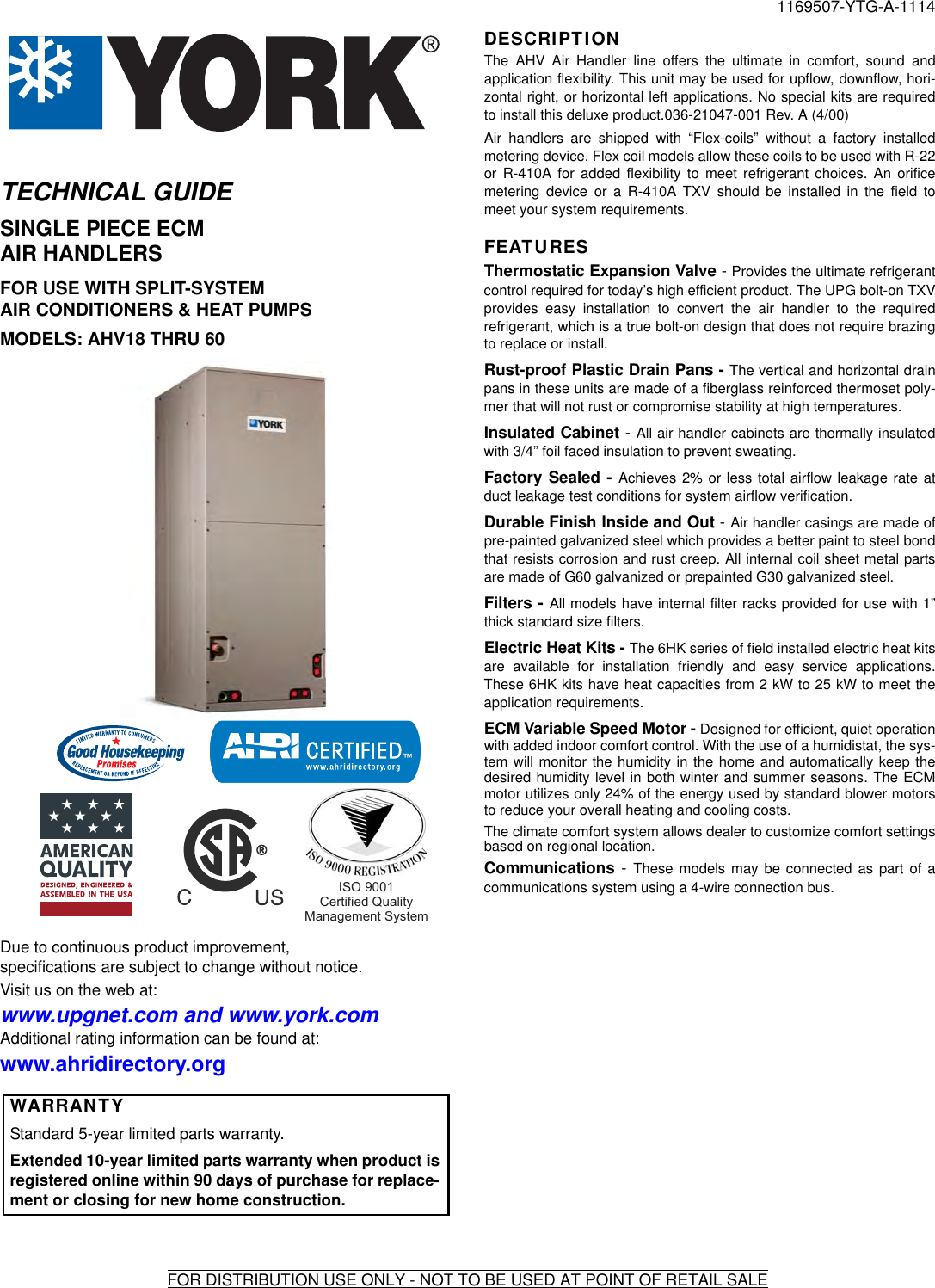 York Avc Air Handler Technical Guide 1169507 YTG A 1114