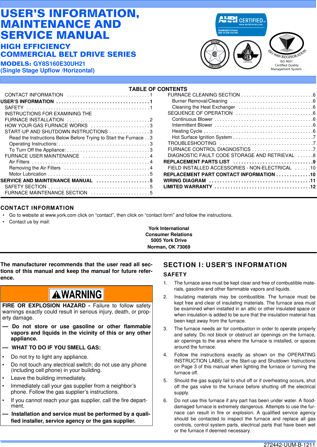 Page 1 of 12 - York Commercial-Gy8S-E-Furnace-Users-Manual 272442-UUM-B-1211  York-commercial-gy8s-e-furnace-users-manual