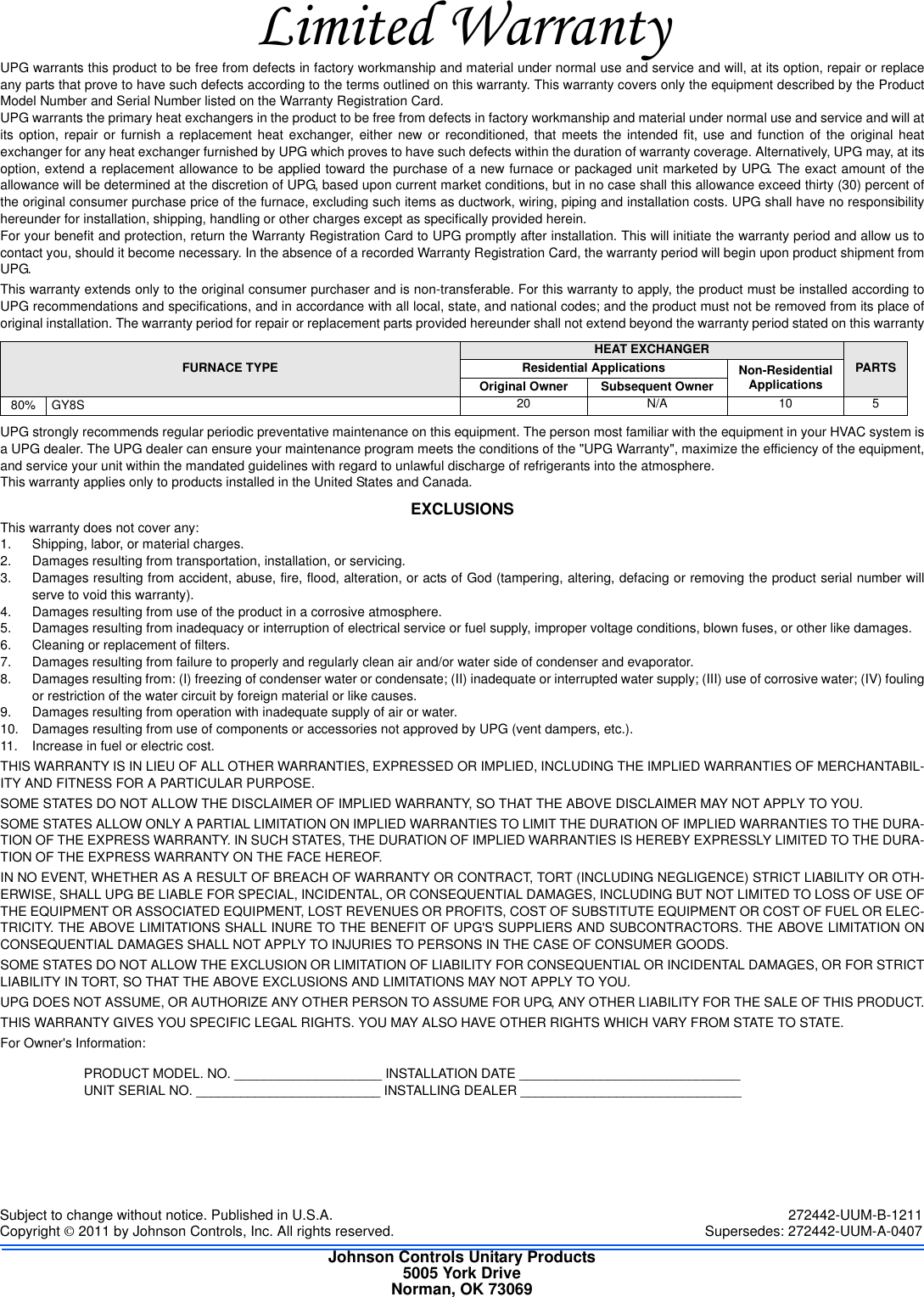 Page 12 of 12 - York Commercial-Gy8S-E-Furnace-Users-Manual 272442-UUM-B-1211  York-commercial-gy8s-e-furnace-users-manual