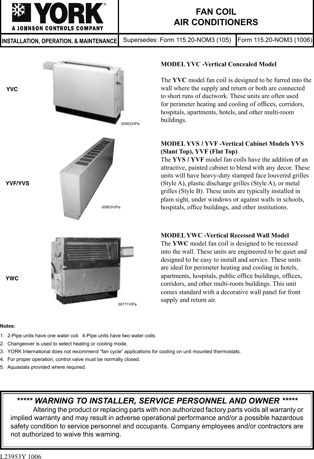 Page 1 of 12 - York Fan-Coil-Yvc-Users-Manual 115.20-NOM3 (1006)  York-fan-coil-yvc-users-manual