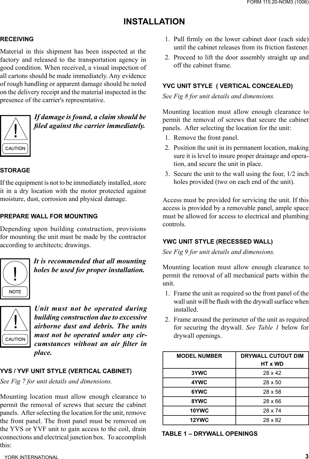 Page 3 of 12 - York Fan-Coil-Yvc-Users-Manual 115.20-NOM3 (1006)  York-fan-coil-yvc-users-manual