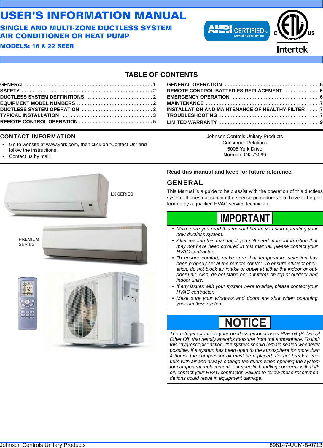 Page 1 of 10 - York Lx-Mini-Split-Air-Conditioners-Owner-S 898147-UUM-B-0713 User Manual York-lx-mini-split-air-conditioners-owner-s-manual