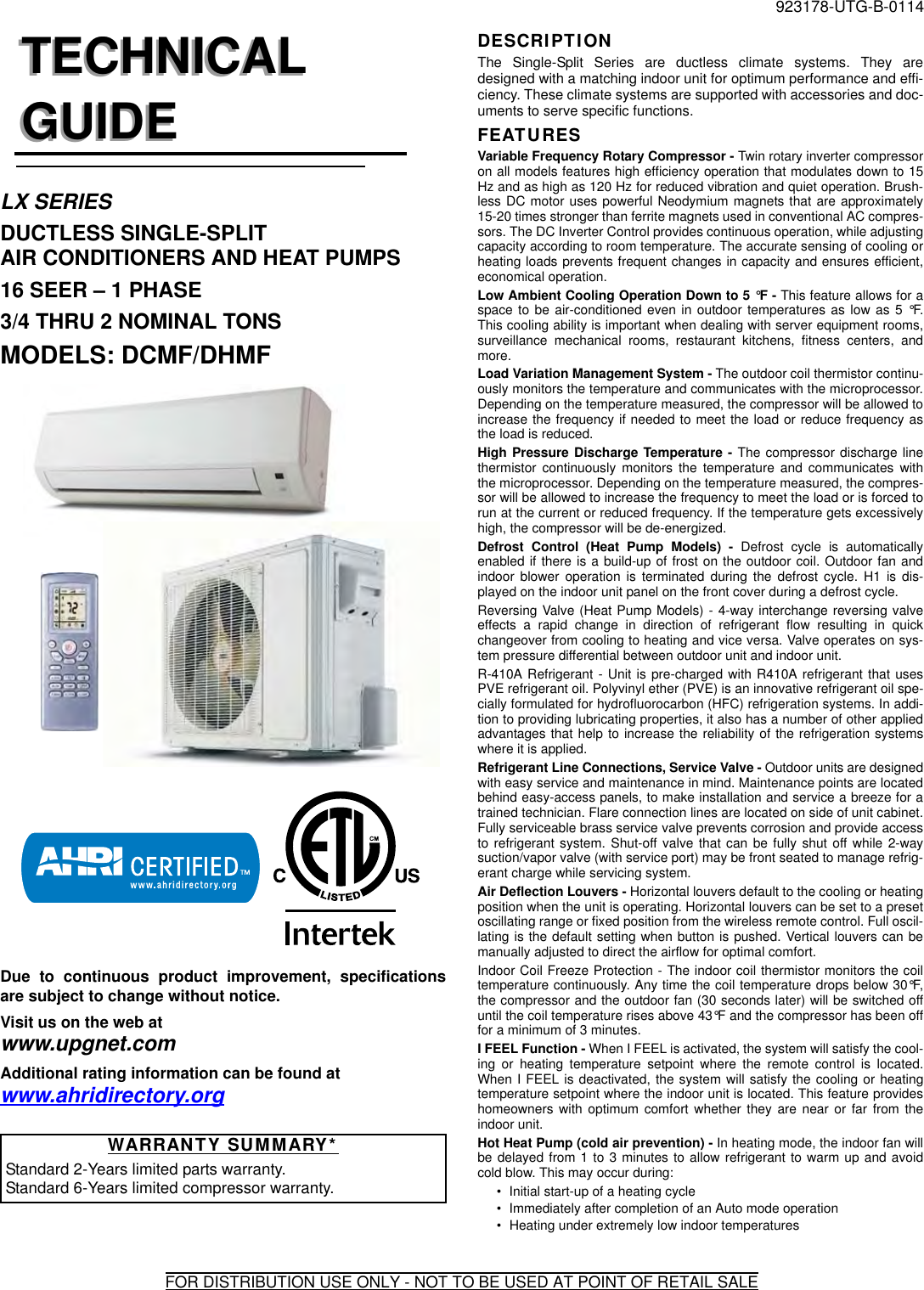 York Mini Split Air Conditioner Technical Guide 923178 UTG B 0114
