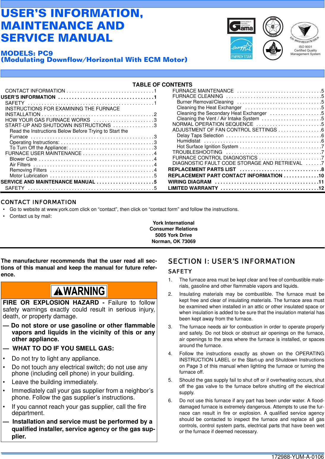 Page 1 of 12 - York Pc9-Users-Manual 172988-YUM-A-0106  York-pc9-users-manual