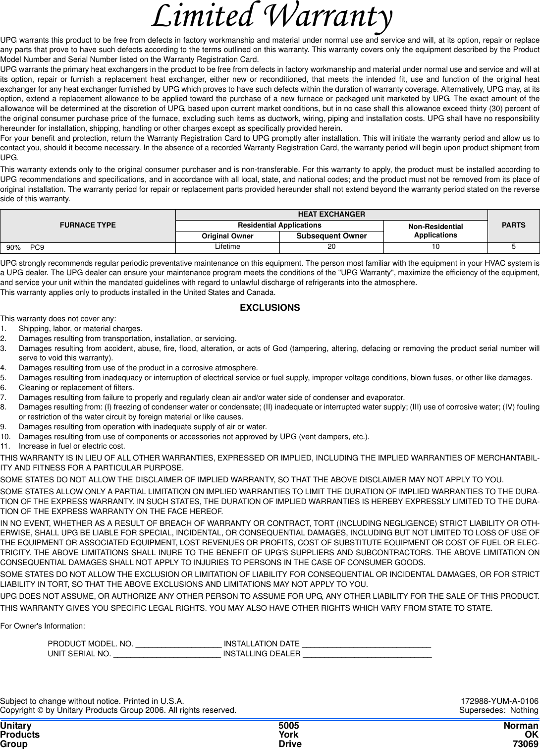 Page 12 of 12 - York Pc9-Users-Manual 172988-YUM-A-0106  York-pc9-users-manual